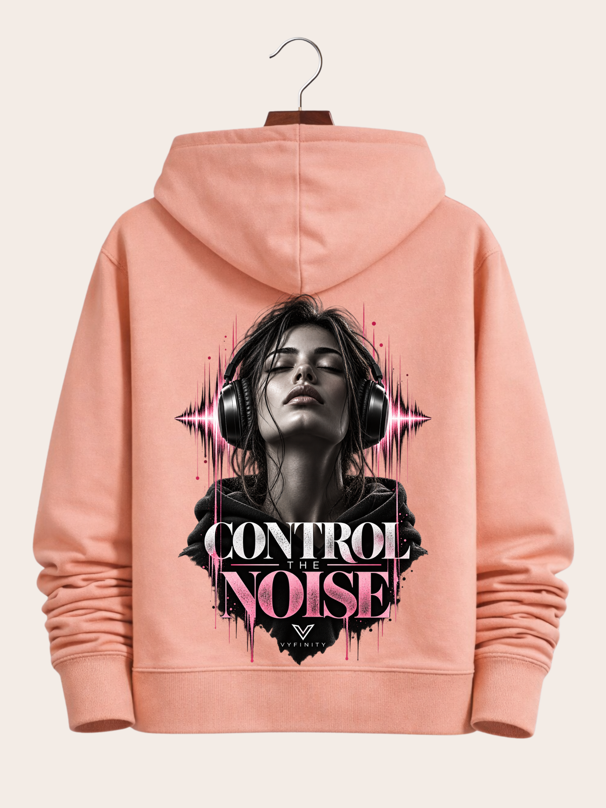 Vyfinity Control The Noise Hoodie – Peach – 350 GSM – Rückansicht mit großem Control The Noise Backprint