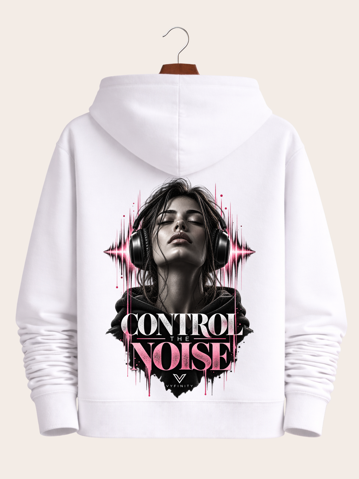 Vyfinity Control The Noise Hoodie – White – 350 GSM – Rückansicht mit großem Control The Noise Backprint