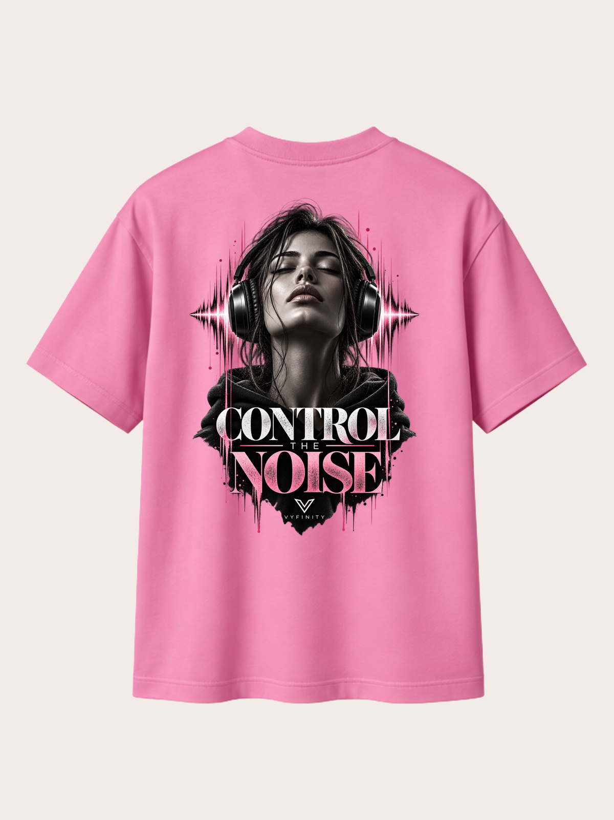 Vyfinity Control The Noise T-Shirt – Pink – Relaxed Fit Heavy 215 GSM – Rückansicht mit großem Control The Noise Backprint
