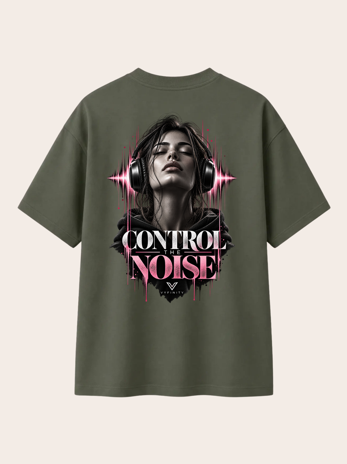 Vyfinity Control The Noise T-Shirt – Khaki/Olive – Relaxed Fit Heavy 215 GSM – Rückansicht mit großem Control The Noise Backprint