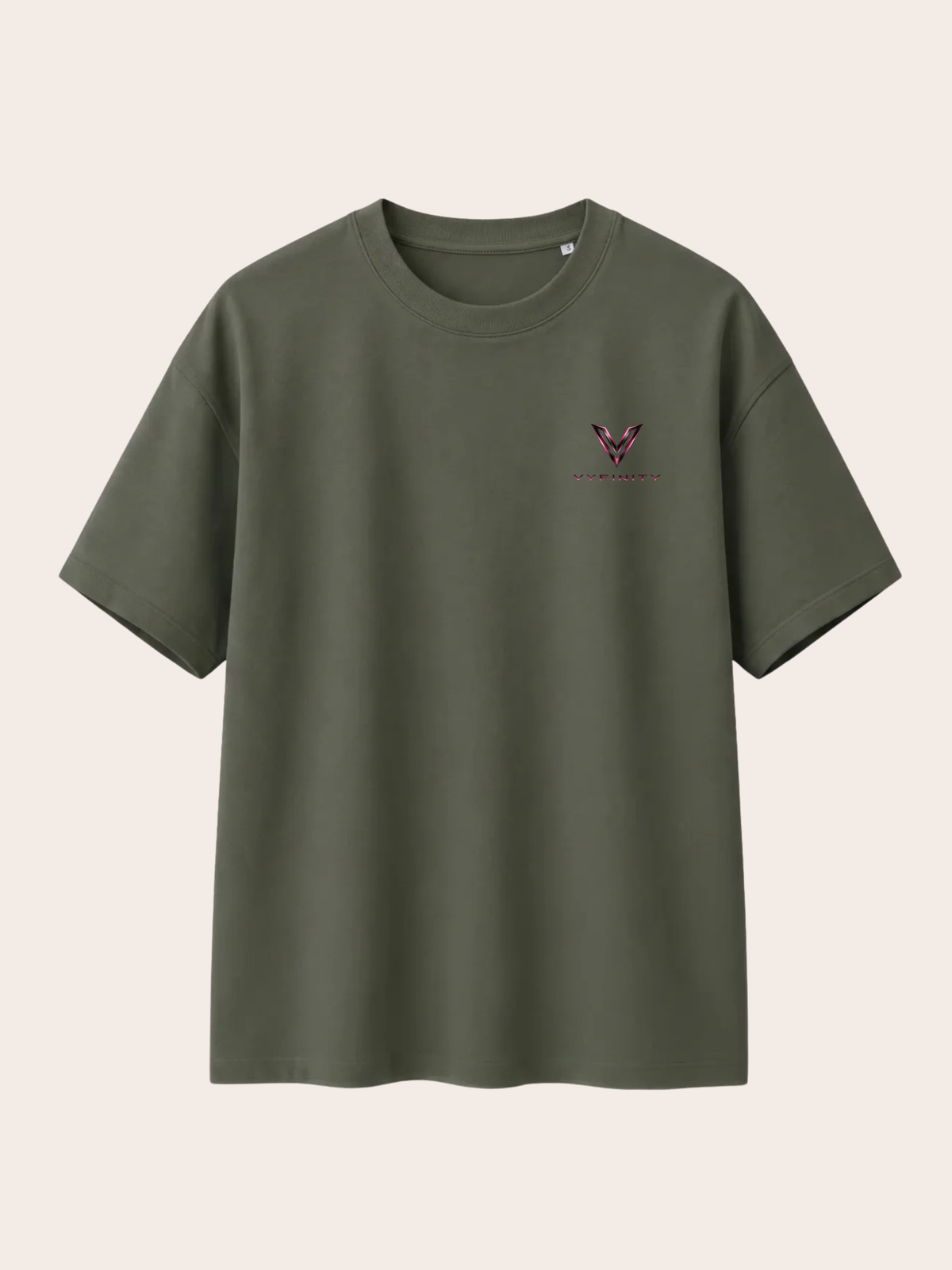 Vyfinity Control The Noise T-Shirt – Khaki/Olive – Relaxed Fit Heavy 215 GSM – Vorderansicht mit kleinem Vyfinity Brustlogo