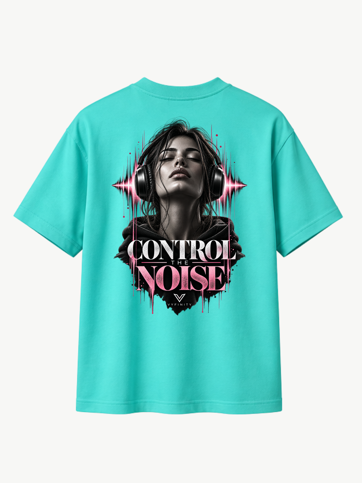 Vyfinity Control The Noise T-Shirt – Aqua Blue – Relaxed Fit Heavy 215 GSM – Rückansicht mit großem Control The Noise Backprint