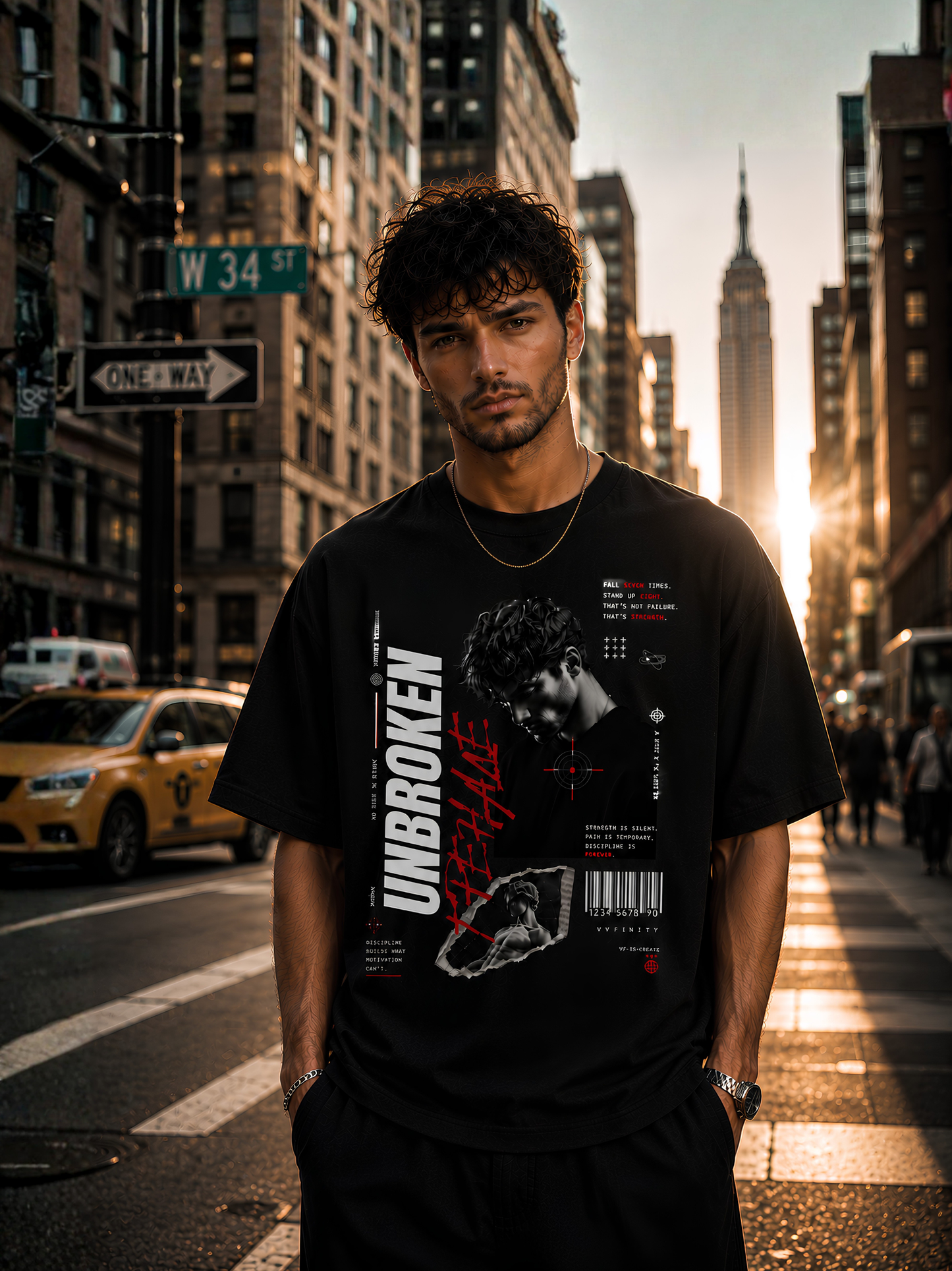 Junger Mann trägt ein schwarzes Vyfinity Oversized T-Shirt mit großem „Unbroken“ Frontprint in einer New Yorker Straße vor dem Empire State Building. Das Premium Streetwear-Design kombiniert ein monochromes Männerporträt, rote Typografie, Barcode und technische Grafikelemente auf hochwertiger Baumwolle. Urban Luxury Oversized T-Shirt für Damen und Herren.