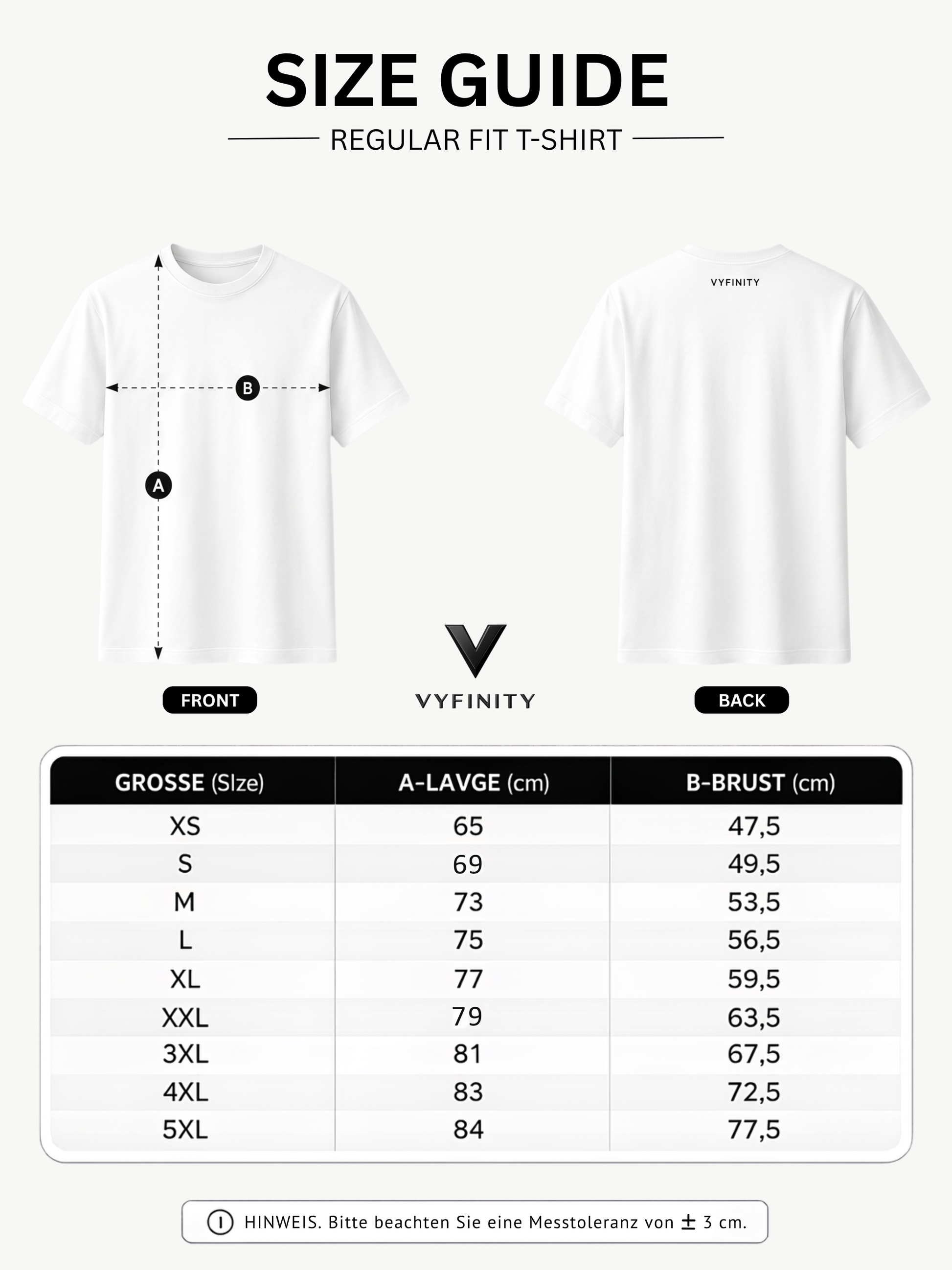 VYFINITY Größentabelle für Regular Fit T-Shirt mit Vorder- und Rückansicht sowie Maßangaben für Länge und Brustbreite in den Größen XS bis 5XL. Hinweis auf eine Messtoleranz von ± 3 cm.