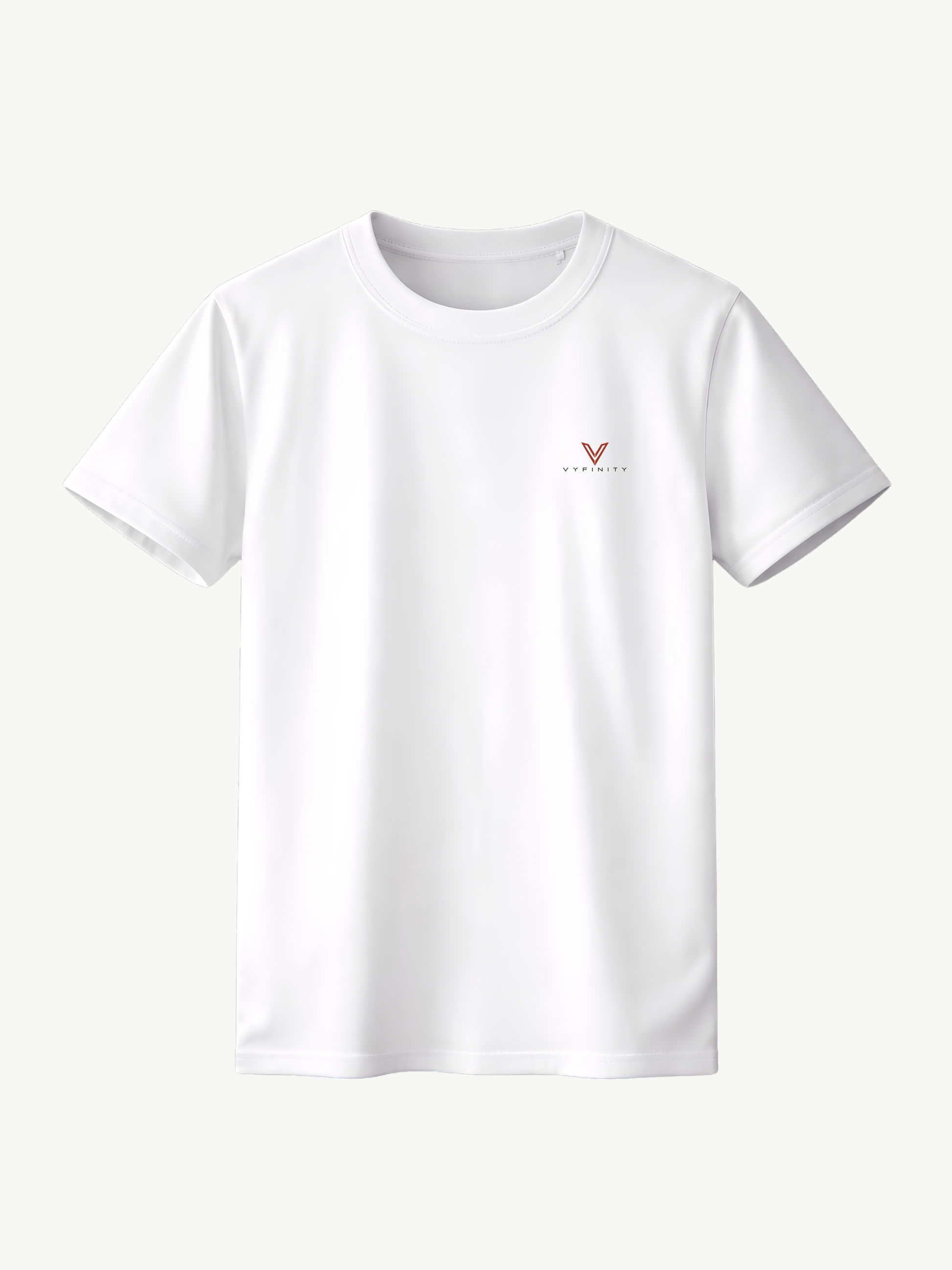 Weißes VYFINITY Premium T-Shirt in Vorderansicht mit minimalistischem rot-schwarzem VYFINITY Logo auf der linken Brust. Cleanes Relaxed-Fit Streetwear-Shirt mit Rundhalsausschnitt und kurzen Ärmeln auf hellem Hintergrund.
