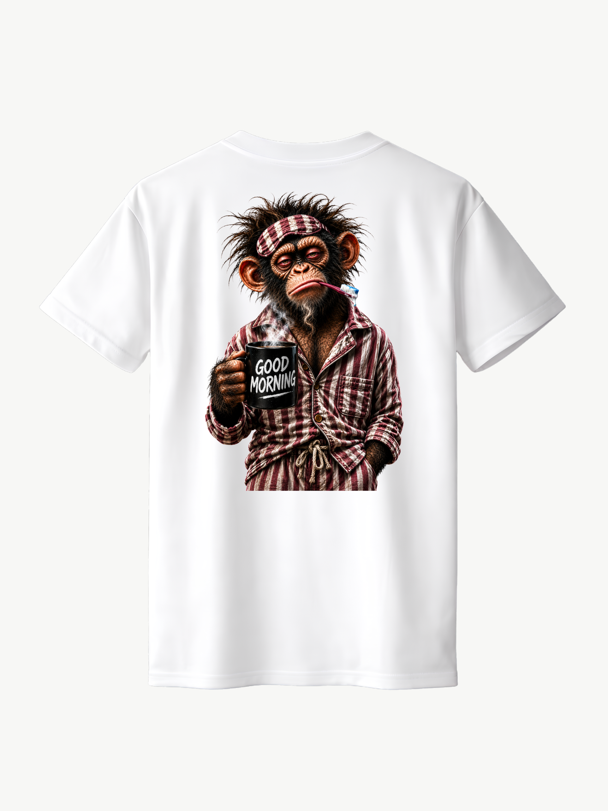 Weißes VYFINITY T-Shirt in Rückansicht mit großem „Good Morning“-Rückenprint: müder Affe im rot-weiß karierten Pyjama mit Zahnbürste und dampfender schwarzer Kaffeetasse.