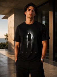 Junger Mann trägt ein schwarzes Vyfinity Classic Fit Unisex T-Shirt mit „ECHO“-Print vor einer modernen Luxusvilla. Hochwertiges Streetwear-Shirt aus Baumwolle mit minimalistischer Dark-Aesthetic-Grafik, urbanem Lifestyle-Look und Premium-Fashion-Design.