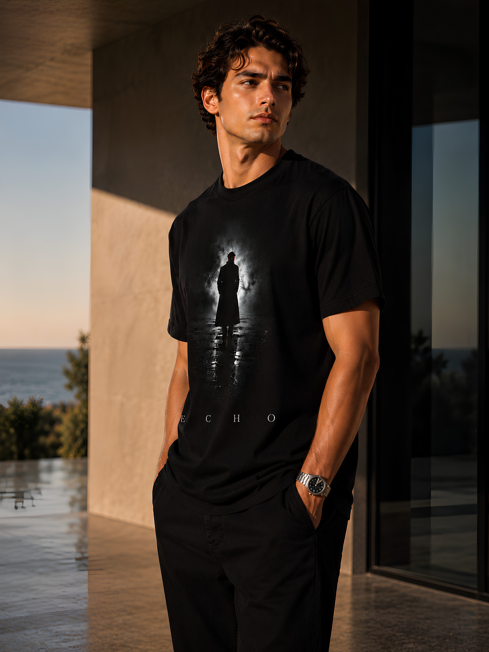 Junger Mann trägt ein schwarzes Vyfinity Classic Fit Unisex T-Shirt mit „ECHO“-Print vor einer modernen Luxusvilla. Premium Baumwoll-T-Shirt mit minimalistischem Dark-Art-Motiv, urbanem Streetwear-Stil und hochwertigem Casual-Look für Damen und Herren.