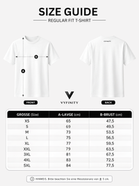 Vyfinity Größentabelle für Regular Fit Unisex T-Shirts mit Maßanleitung für Länge (A) und Brustweite (B). Größenübersicht von XS bis 5XL inklusive Maßangaben in Zentimetern sowie Vorder- und Rückansicht des Premium Baumwoll-T-Shirts.