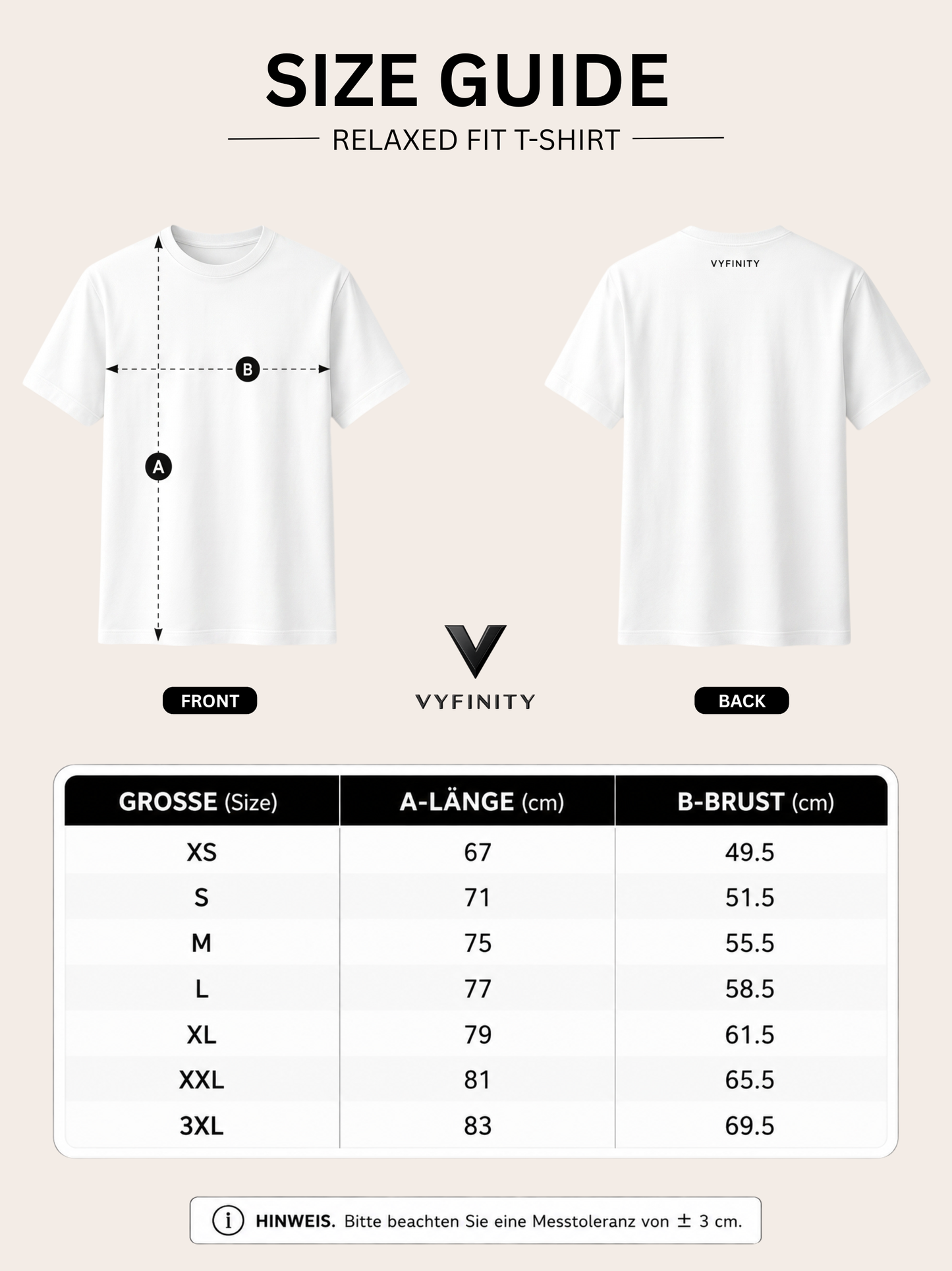 „VYFINITY Größentabelle für Relaxed Fit T-Shirts mit Maßangaben zu Länge und Brustbreite in den Größen XS bis 3XL.“