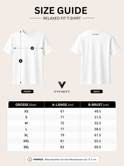„VYFINITY Größentabelle für Relaxed Fit T-Shirts mit Maßangaben zu Länge und Brustbreite in den Größen XS bis 3XL.“