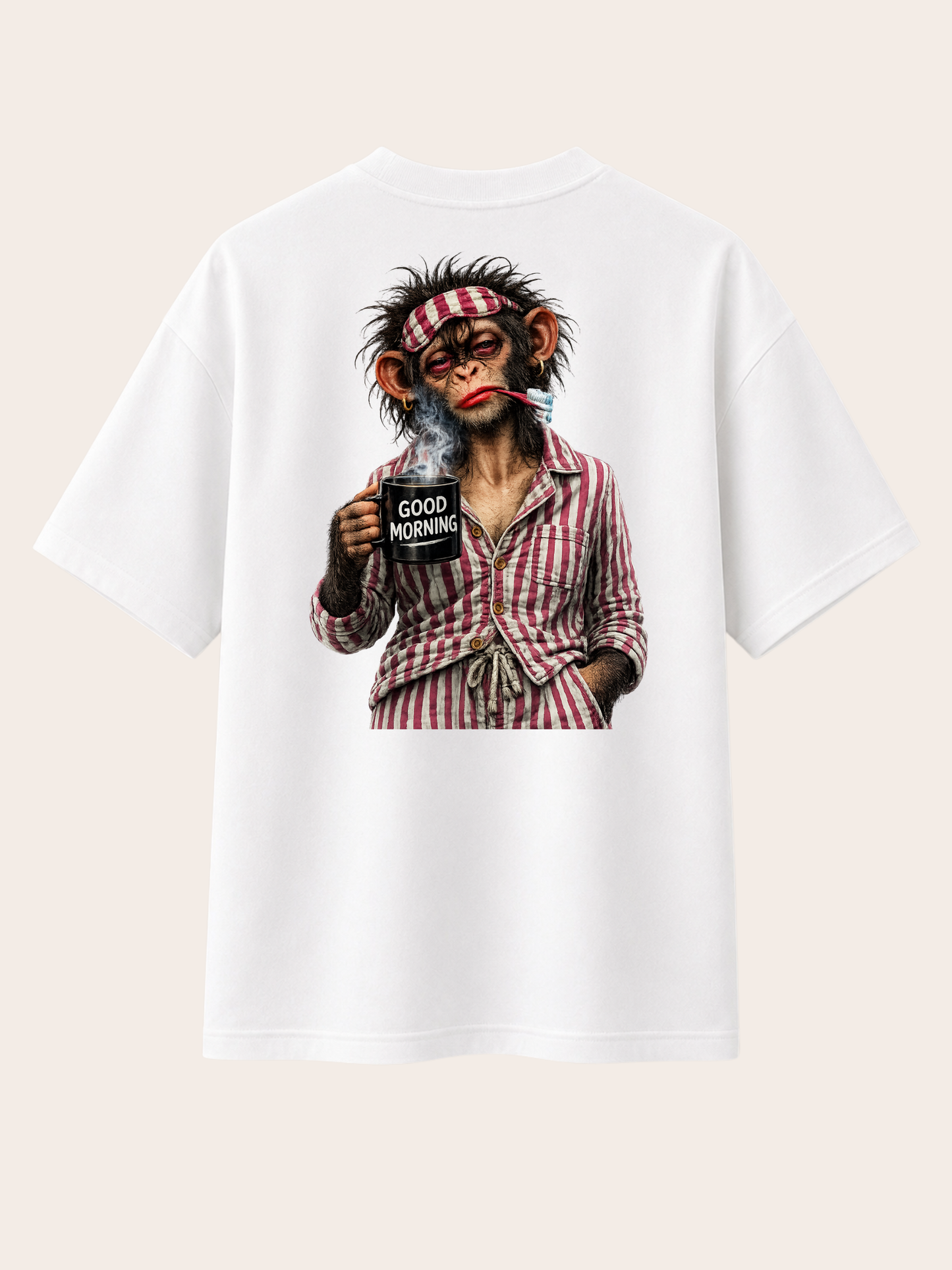 „Weißes VYFINITY Relaxed Fit T-Shirt mit großem Good Morning Affen-Print auf der Rückseite, freigestellte Rückenansicht.“
