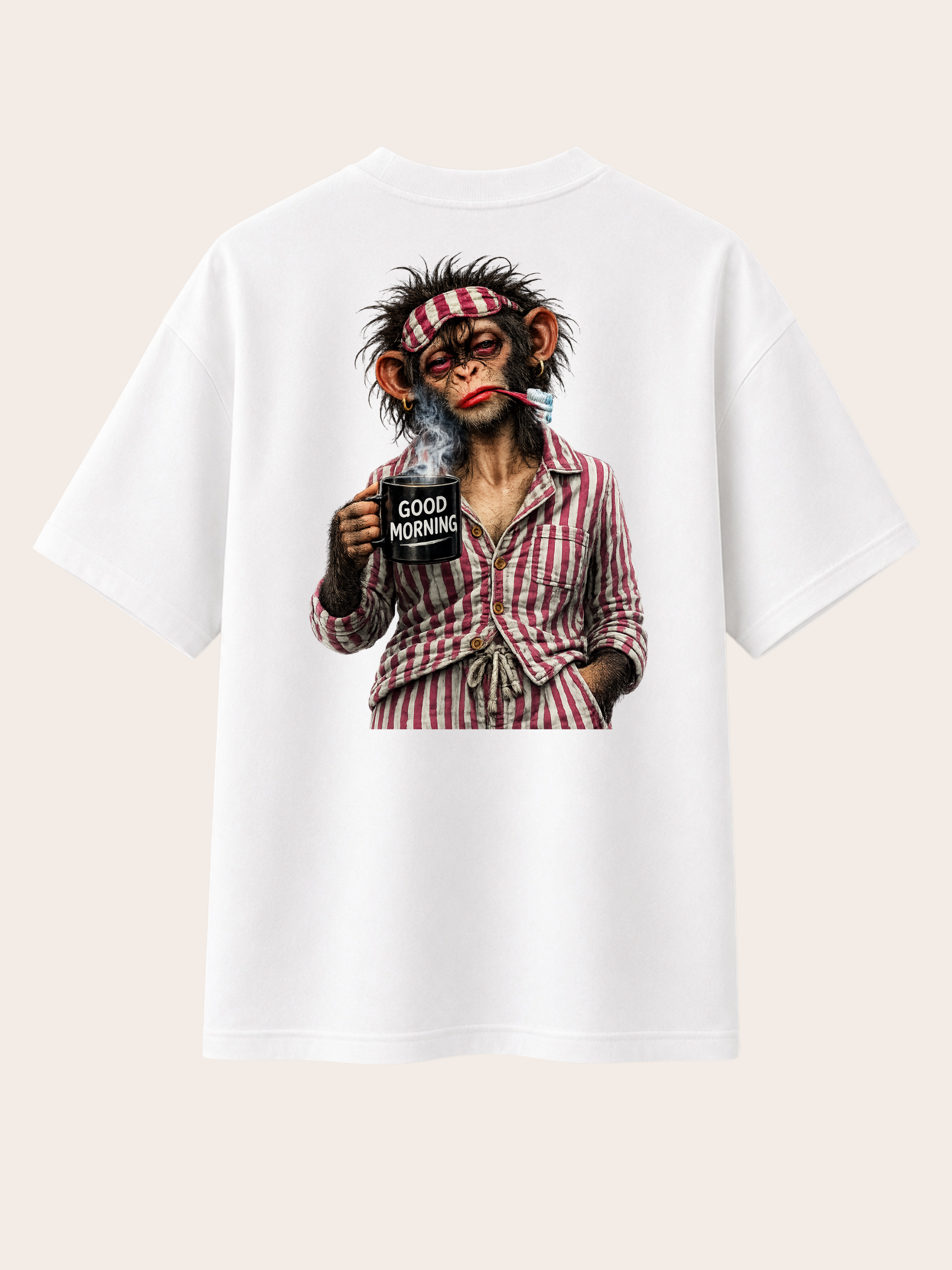 „Weißes VYFINITY Relaxed Fit T-Shirt mit großem Good Morning Affen-Print auf der Rückseite, freigestellte Rückenansicht.“