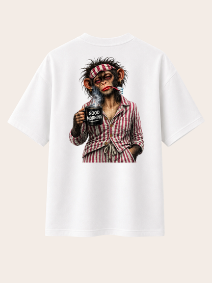 „Weißes VYFINITY Relaxed Fit T-Shirt mit großem Good Morning Affen-Print auf der Rückseite, freigestellte Rückenansicht.“