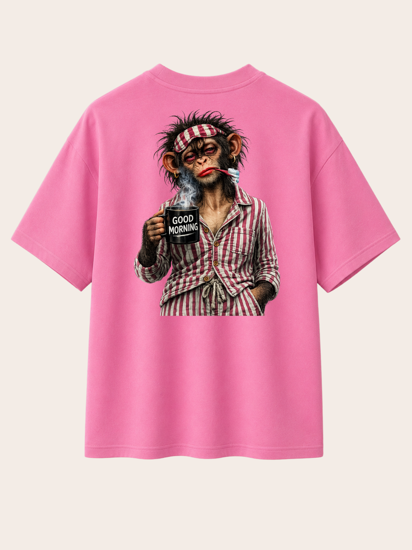 „Rosa VYFINITY Relaxed Fit T-Shirt mit großem Good Morning Affen-Print auf der Rückseite, freigestellte Rückenansicht.“