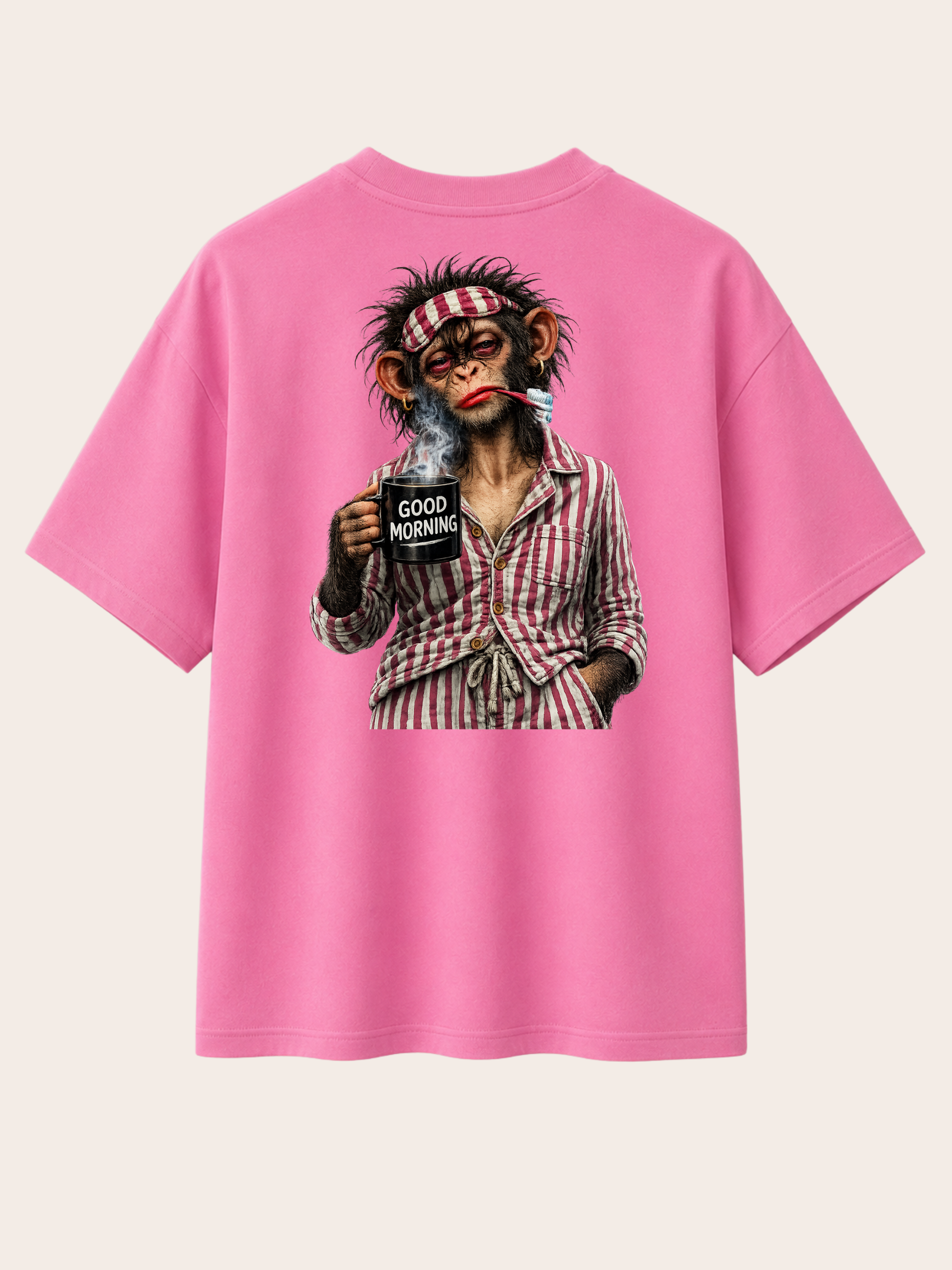 „Rosa VYFINITY Relaxed Fit T-Shirt mit großem Good Morning Affen-Print auf der Rückseite, freigestellte Rückenansicht.“