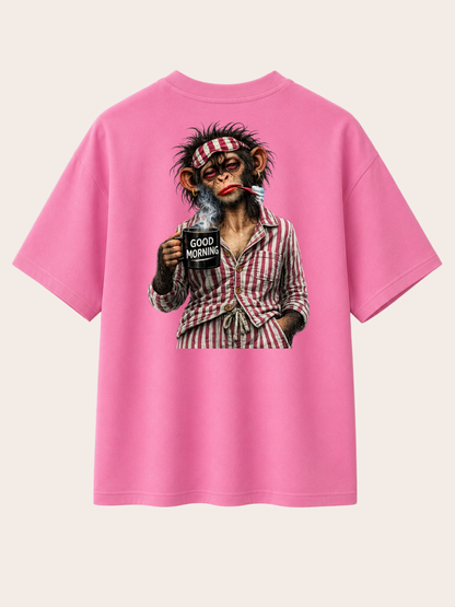 „Rosa VYFINITY Relaxed Fit T-Shirt mit großem Good Morning Affen-Print auf der Rückseite, freigestellte Rückenansicht.“