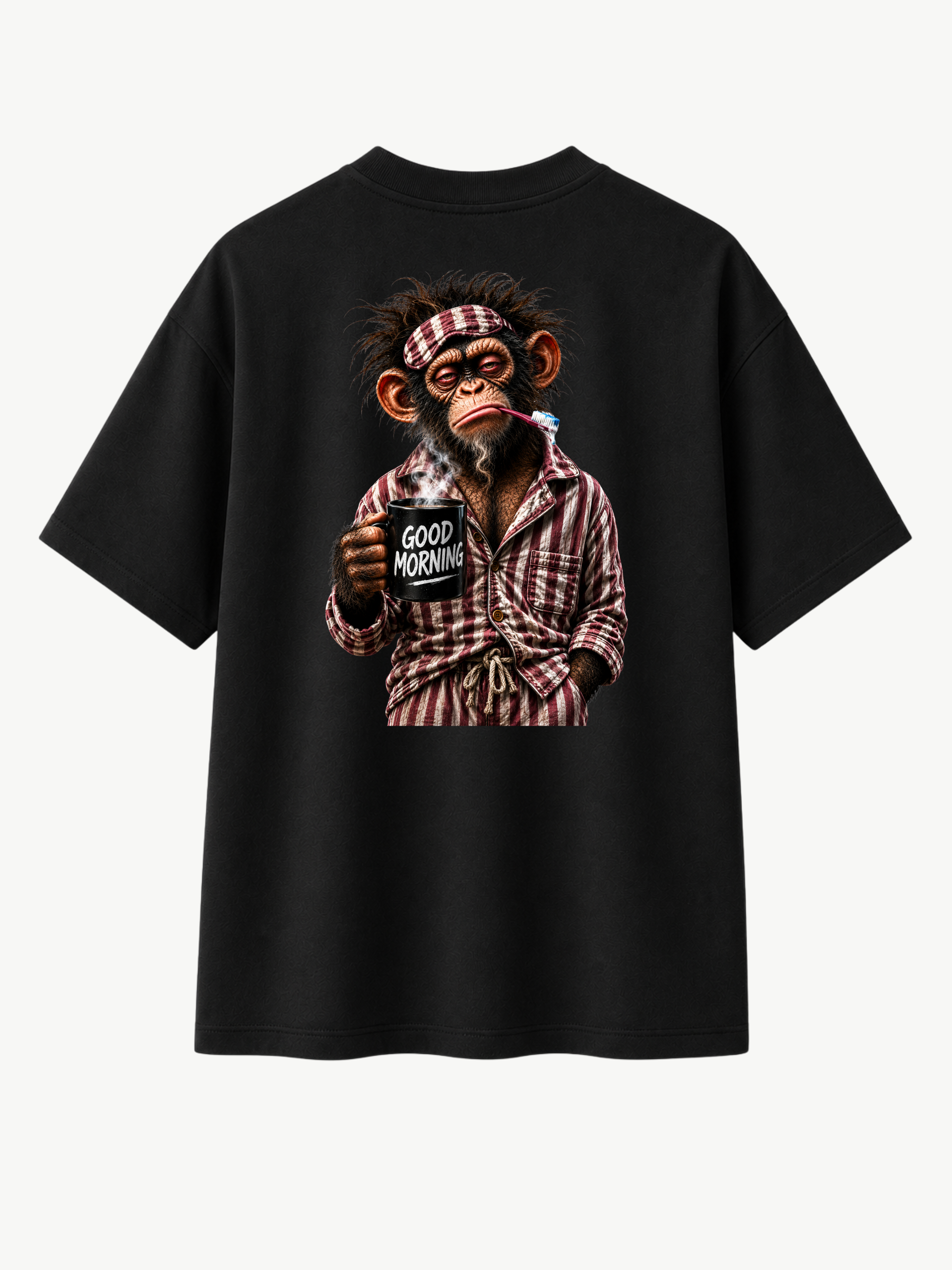 Alt-Text: Schwarzes VYFINITY T-Shirt in Rückansicht mit großem Affenmotiv. Der Affe trägt einen rot-weiß gestreiften Schlafanzug, hält eine dampfende schwarze „GOOD MORNING“-Kaffeetasse und hat eine Zahnbürste im Mund. Produktfreisteller vor hellem Hintergrund.