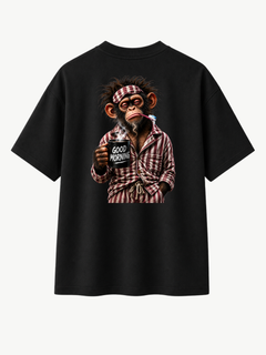 Alt-Text: Schwarzes VYFINITY T-Shirt in Rückansicht mit großem Affenmotiv. Der Affe trägt einen rot-weiß gestreiften Schlafanzug, hält eine dampfende schwarze „GOOD MORNING“-Kaffeetasse und hat eine Zahnbürste im Mund. Produktfreisteller vor hellem Hintergrund.