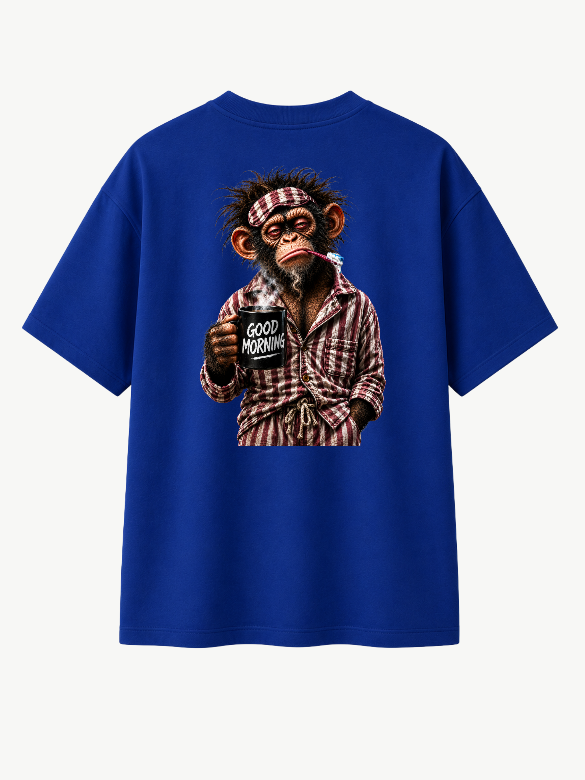 Blaues VYFINITY T-Shirt in Rückansicht mit großem „Good Morning“-Affenmotiv. Der Affe trägt einen rot-weiß gestreiften Schlafanzug, hält eine dampfende schwarze Kaffeetasse und hat eine Zahnbürste im Mund. Produktfreisteller vor hellem Hintergrund.
