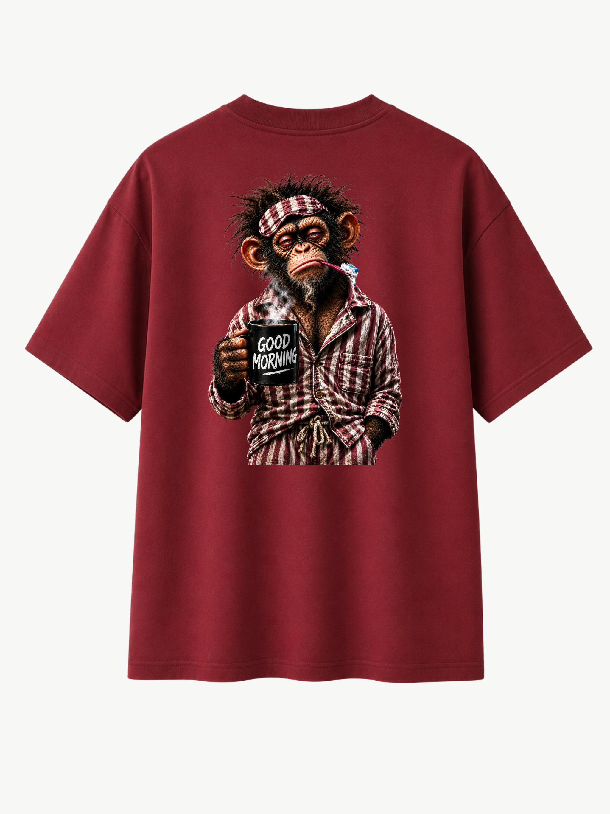 Burgunderrotes VYFINITY T-Shirt in Rückansicht mit großem „Good Morning“-Affenmotiv. Der Affe trägt einen rot-weiß gestreiften Schlafanzug, hält eine dampfende schwarze „GOOD MORNING“-Kaffeetasse und hat eine Zahnbürste im Mund. Produktfreisteller vor hellem Hintergrund.