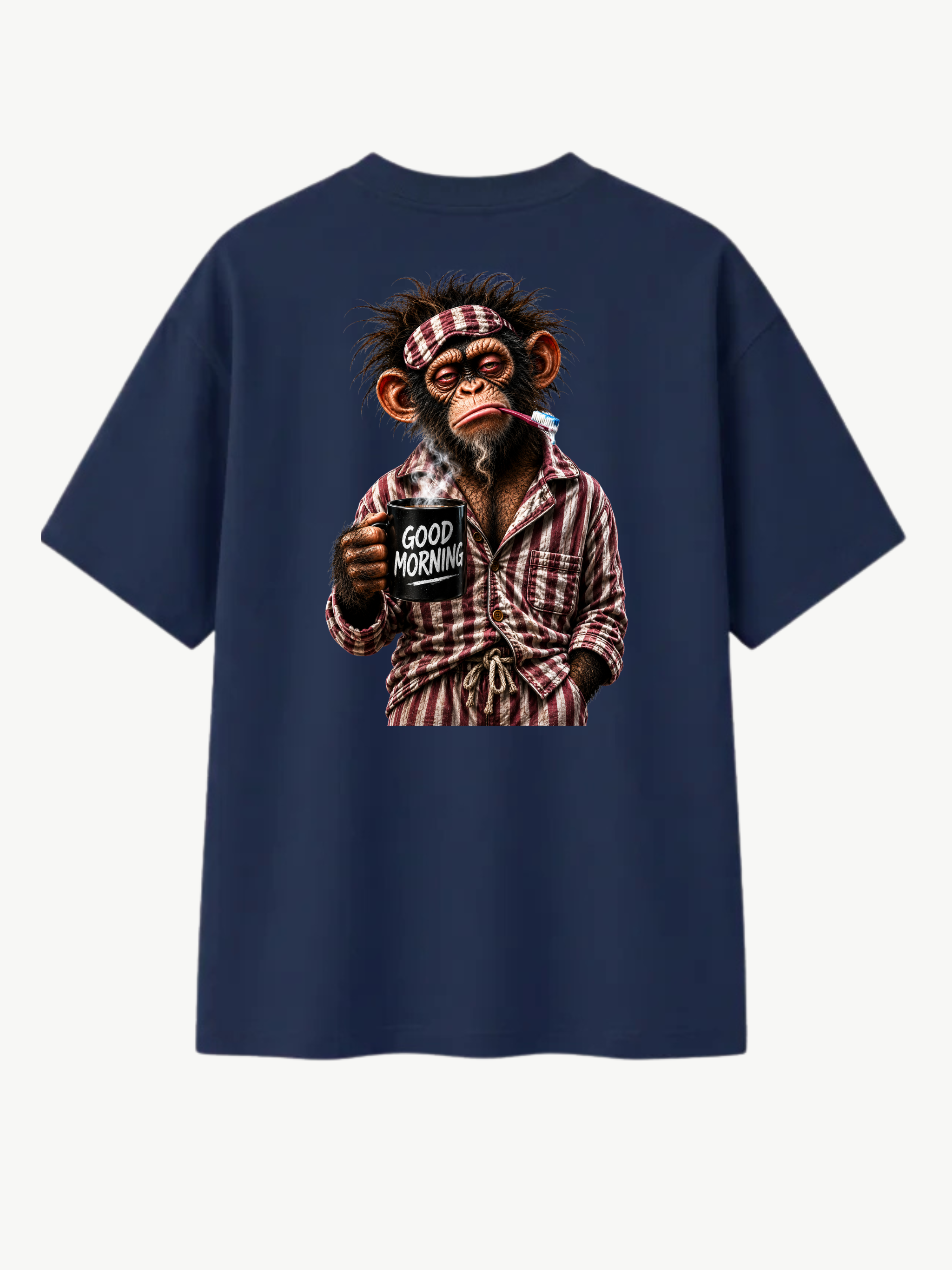 Navyblaues VYFINITY T-Shirt in Rückansicht mit großem „Good Morning“-Affenmotiv: müder Affe im gestreiften Pyjama mit Zahnbürste und dampfender Kaffeetasse.
