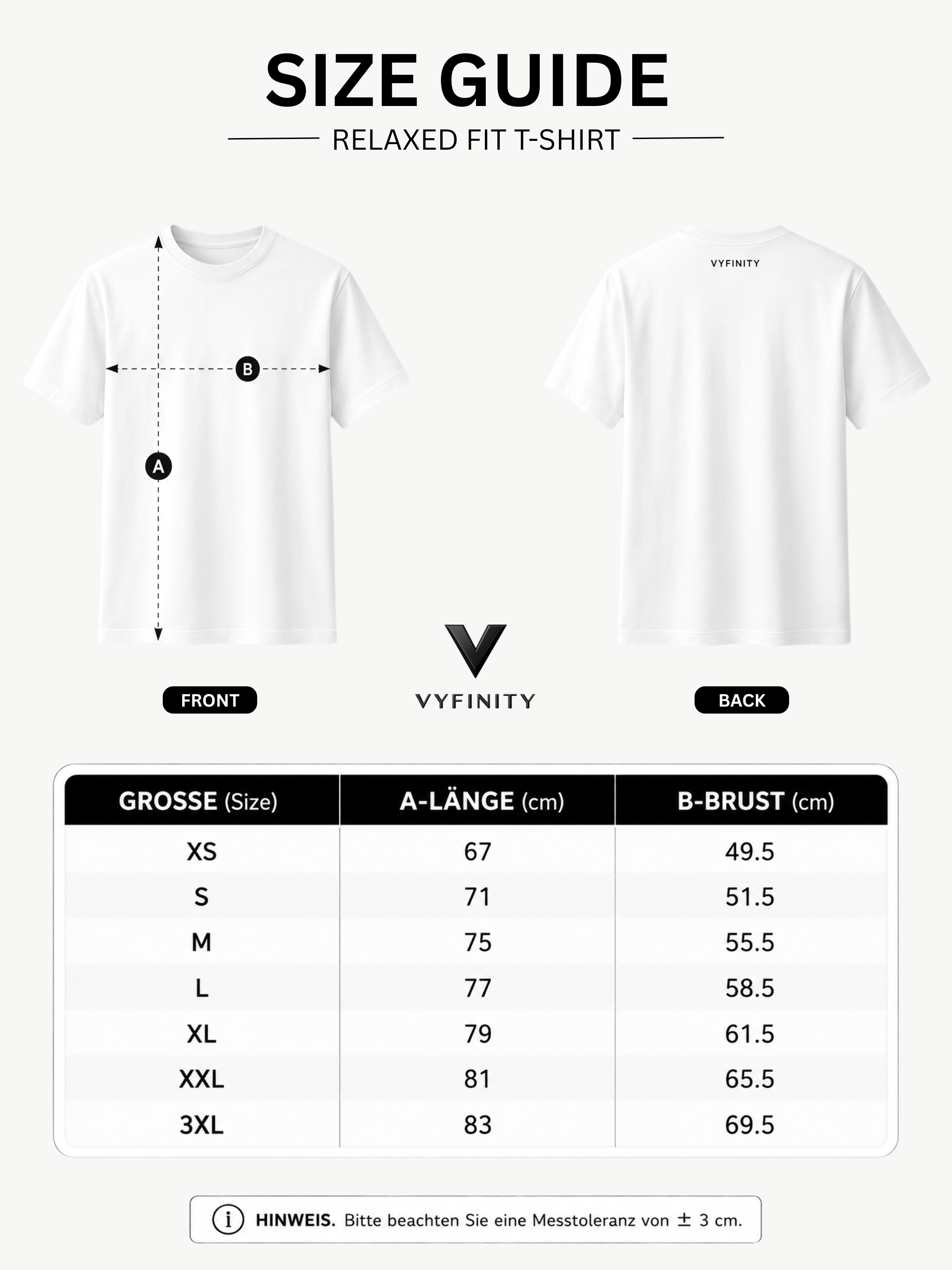 VYFINITY Größentabelle für Relaxed Fit T-Shirt mit Front- und Rückansicht sowie Angaben zu Länge und Brustweite für Größen XS bis 3XL.