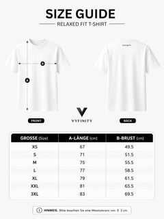 VYFINITY Größentabelle für Relaxed Fit T-Shirt mit Front- und Rückansicht sowie Angaben zu Länge und Brustweite für Größen XS bis 3XL.