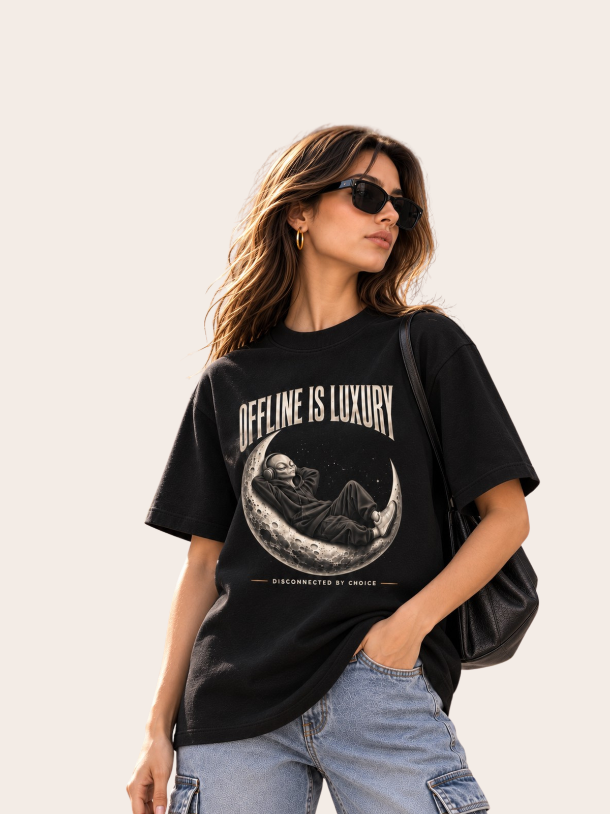 Frau mit schwarzer Sonnenbrille trägt ein schwarzes Oversized Heavy T-Shirt mit großem „OFFLINE IS LUXURY“-Frontprint. Im Zentrum liegt eine entspannte Alien-Figur im schwarzen Hoodie mit Kopfhörern auf einer detailreichen Mondsichel. Darunter steht „DISCONNECTED BY CHOICE“. Kombiniert mit heller Cargo-Hose und schwarzer Schultertasche – cleaner, moderner Premium-Streetwear-Look.