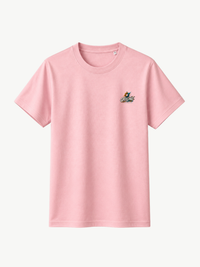 Rosa VYFINITY T-Shirt in Frontansicht mit kleinem „OFFLINE“-Print auf der linken Brust. Minimalistisches Streetwear-Design in Schwarz, Weiß, Orange und Türkis.