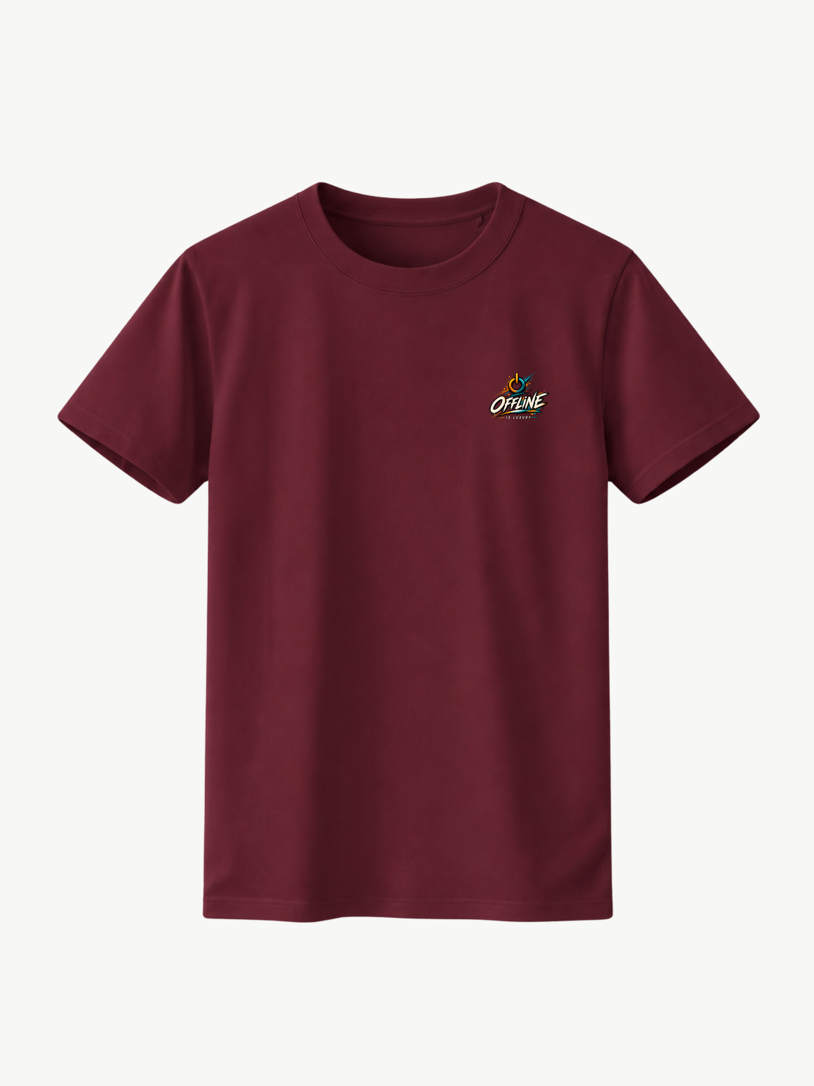 Burgunderrotes VYFINITY T-Shirt in Frontansicht mit kleinem „OFFLINE“-Print auf der linken Brust. Dezentes Streetwear-Motiv in Weiß, Orange und Türkis.