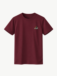 Burgunderrotes VYFINITY T-Shirt in Frontansicht mit kleinem „OFFLINE“-Print auf der linken Brust. Dezentes Streetwear-Motiv in Weiß, Orange und Türkis.