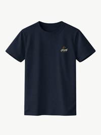Dunkelblaues VYFINITY T-Shirt in Frontansicht mit kleinem „OFFLINE“-Print auf der linken Brust. Dezentes Streetwear-Motiv in Weiß, Orange und Türkis.