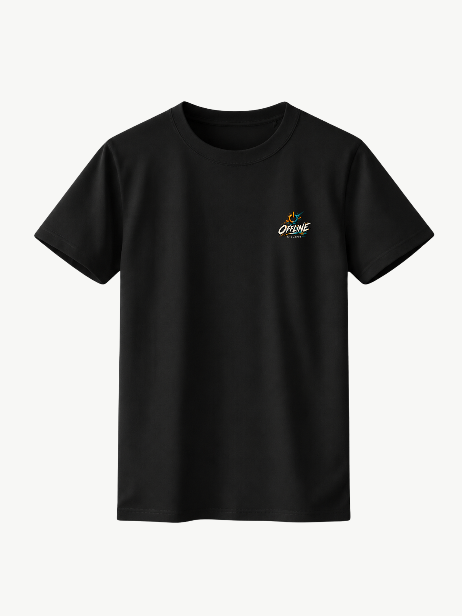 Schwarzes VYFINITY T-Shirt in Frontansicht mit kleinem farbigen „OFFLINE“-Design auf der linken Brust. Minimalistisches Produktfoto vor weißem Hintergrund.