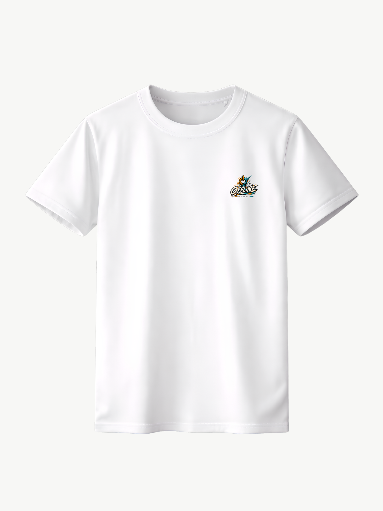 Weißes VYFINITY T-Shirt in Frontansicht mit kleinem „OFFLINE“-Print auf der linken Brust. Minimalistisches schwarzes, oranges und türkises Motiv auf weißem Stoff.