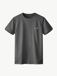 Anthrazitfarbenes VYFINITY T-Shirt in Frontansicht mit kleinem „OFFLINE“-Print auf der linken Brust. Dezentes Streetwear-Motiv in Weiß, Orange und Türkis.