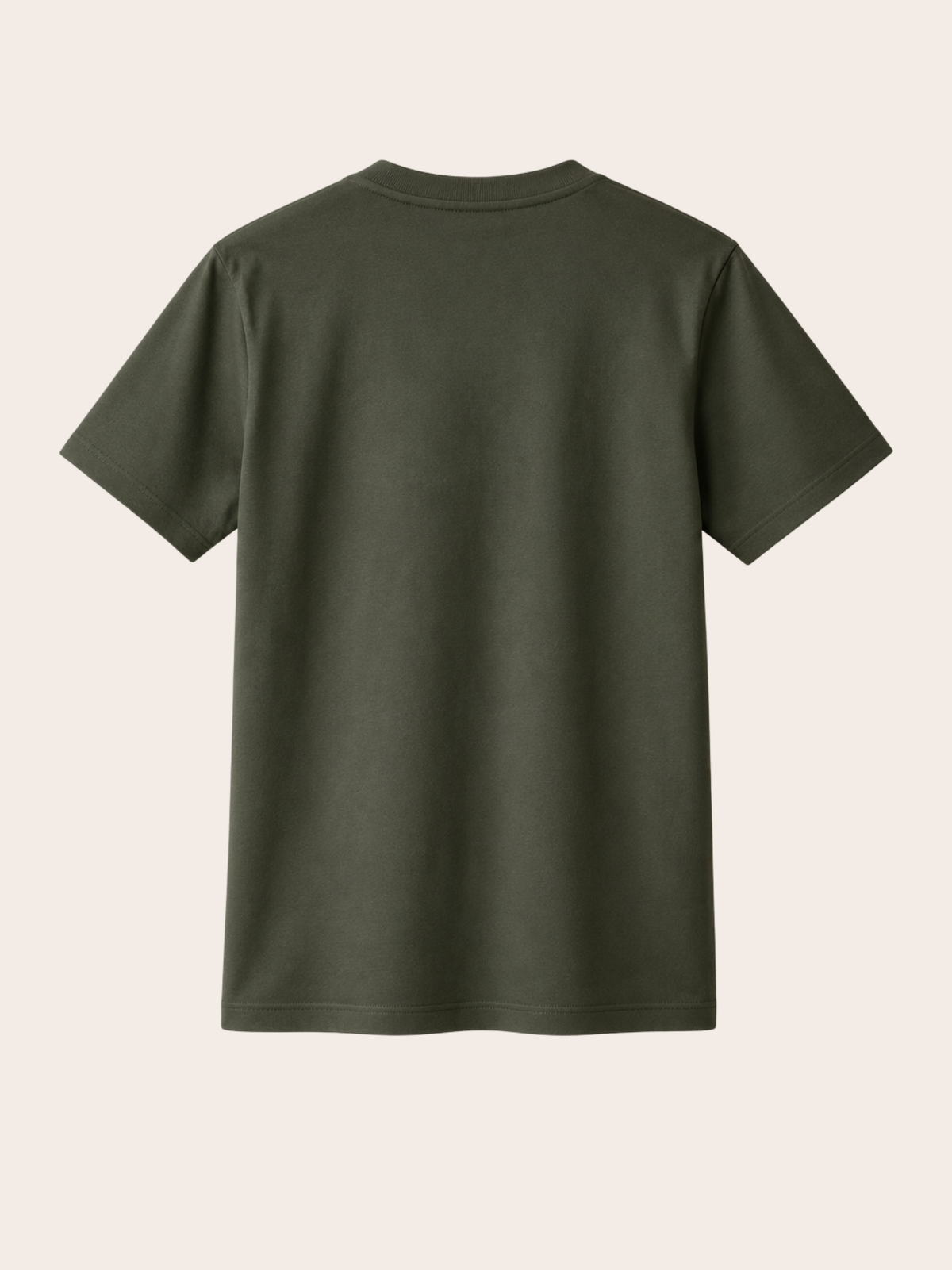 Rückansicht eines olivgrünen VYFINITY T-Shirts ohne Rückenprint. Das Shirt ist gerade und vollständig vor einem hellen, neutralen Hintergrund dargestellt und zeigt den klassischen Rundhalsausschnitt sowie kurze Ärmel.