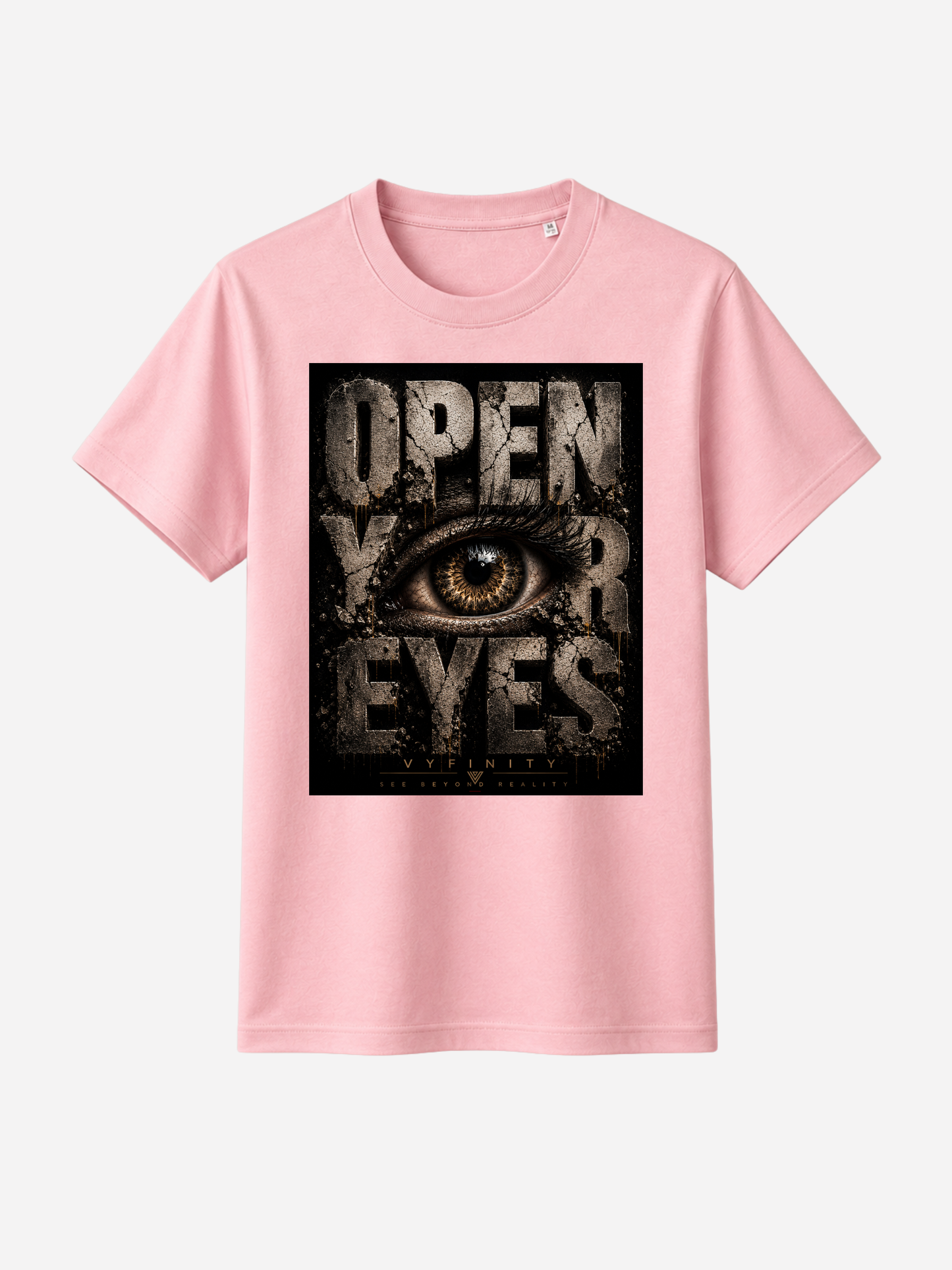 Hellrosa Unisex Classic Fit T-Shirt mit großem „OPEN YOUR EYES“-Print und realistischem Auge im markanten Grunge-Design. Premium Streetwear von VYFINITY mit urbanem Vintage-Look auf freigestelltem Studiohintergrund.