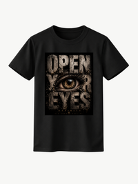 Schwarzes Unisex Classic Fit T-Shirt mit großem „OPEN YOUR EYES“-Print und realistischem Auge im markanten Grunge-Design. Premium Streetwear von VYFINITY mit urbanem Vintage-Look auf freigestelltem Studiohintergrund.