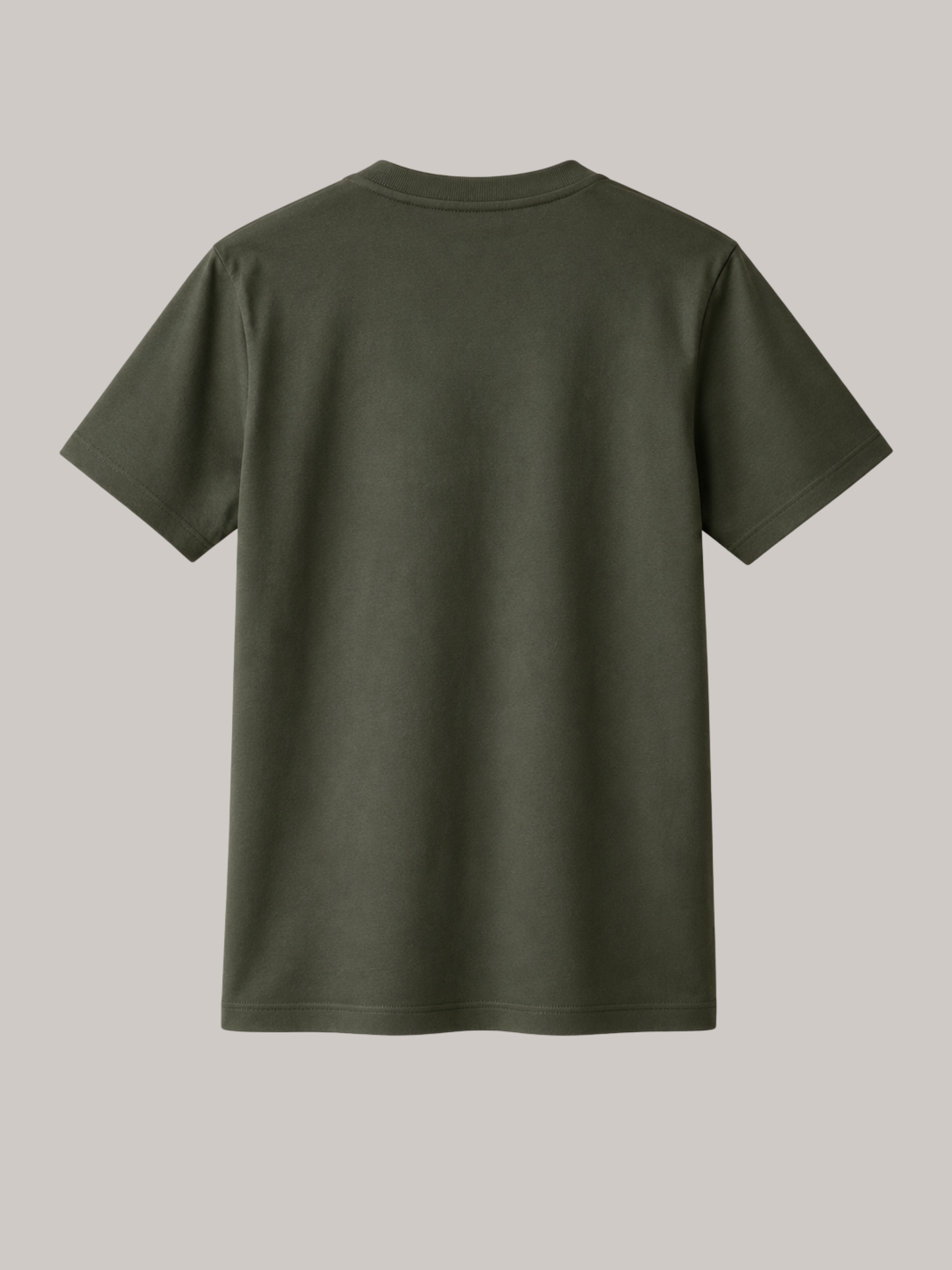 Rückansicht eines olivgrünen VYFINITY Regular Fit Unisex T-Shirts ohne Print. Das minimalistische Streetwear-Shirt zeigt die schlichte Rückseite mit klassischer Passform, kurzen Ärmeln und hochwertiger Verarbeitung auf neutralem Hintergrund.