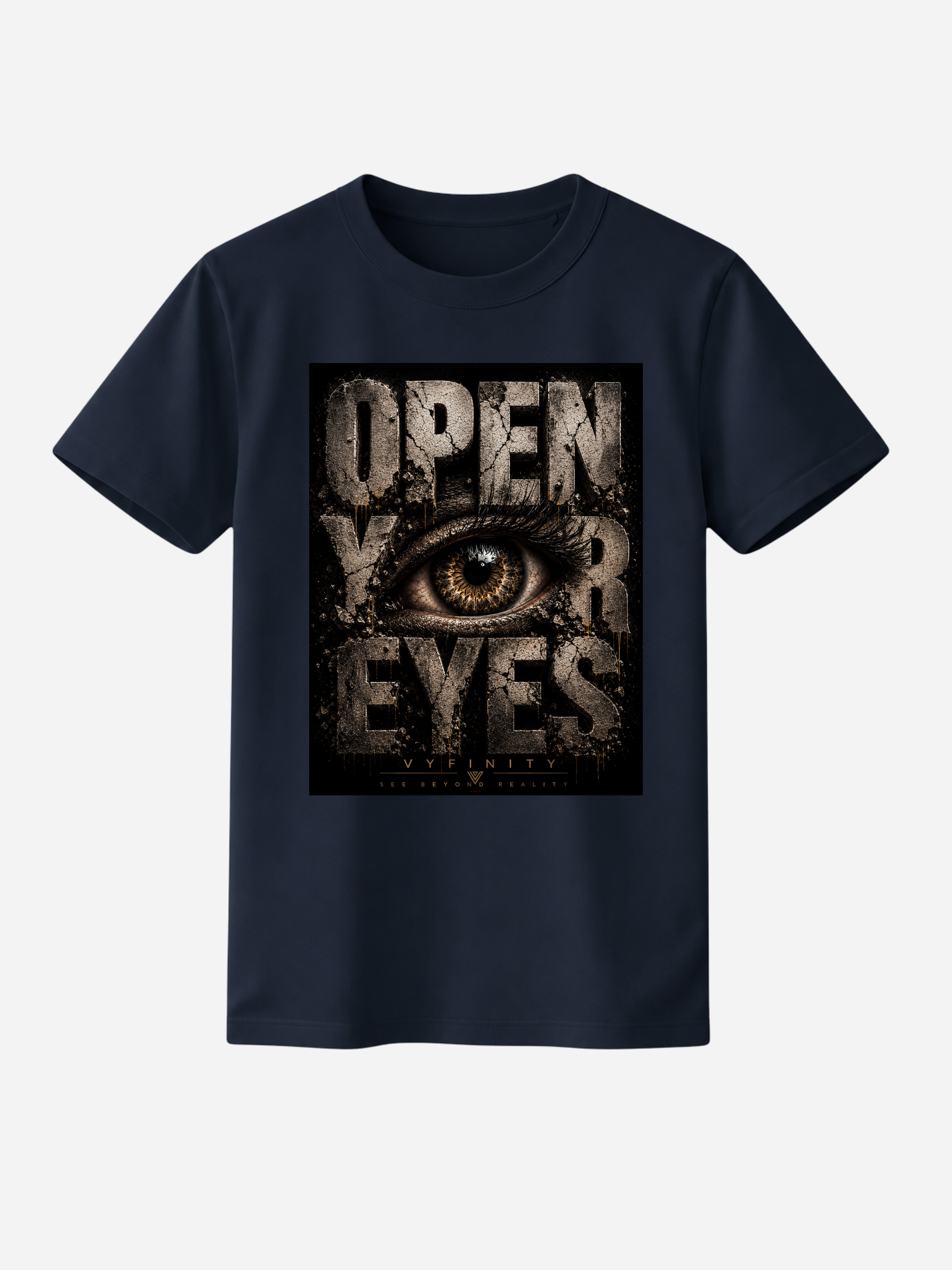 Dunkelblaues Unisex Classic Fit T-Shirt mit großem „OPEN YOUR EYES“-Print und realistischem Auge im markanten Grunge-Design. Premium Streetwear von VYFINITY mit urbanem Vintage-Look auf freigestelltem Studiohintergrund.