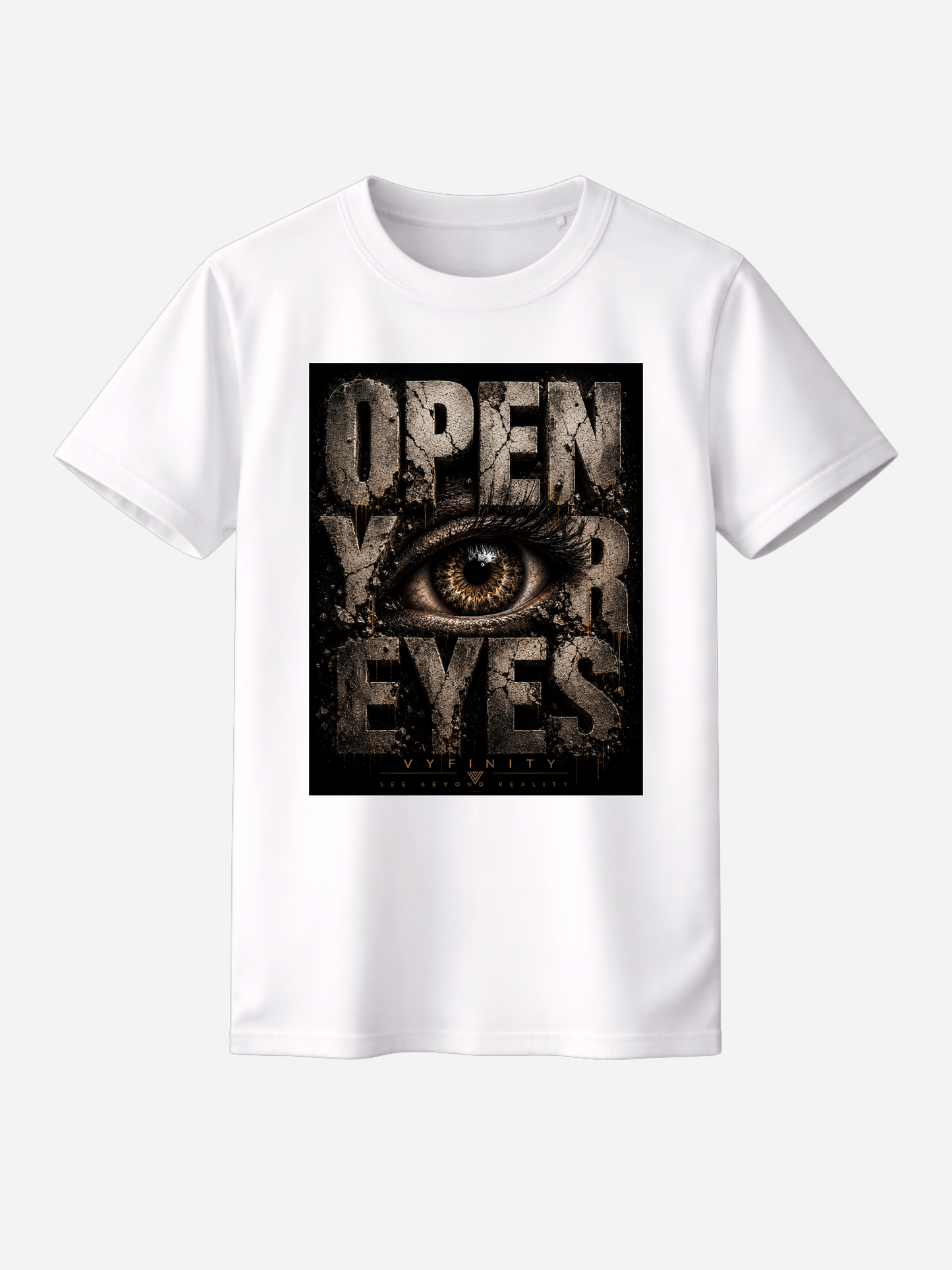 Weißes Unisex Classic Fit T-Shirt mit großem „OPEN YOUR EYES“-Print und realistischem Auge im markanten Grunge-Design. Premium Streetwear von VYFINITY mit urbanem Vintage-Look auf freigestelltem Studiohintergrund.