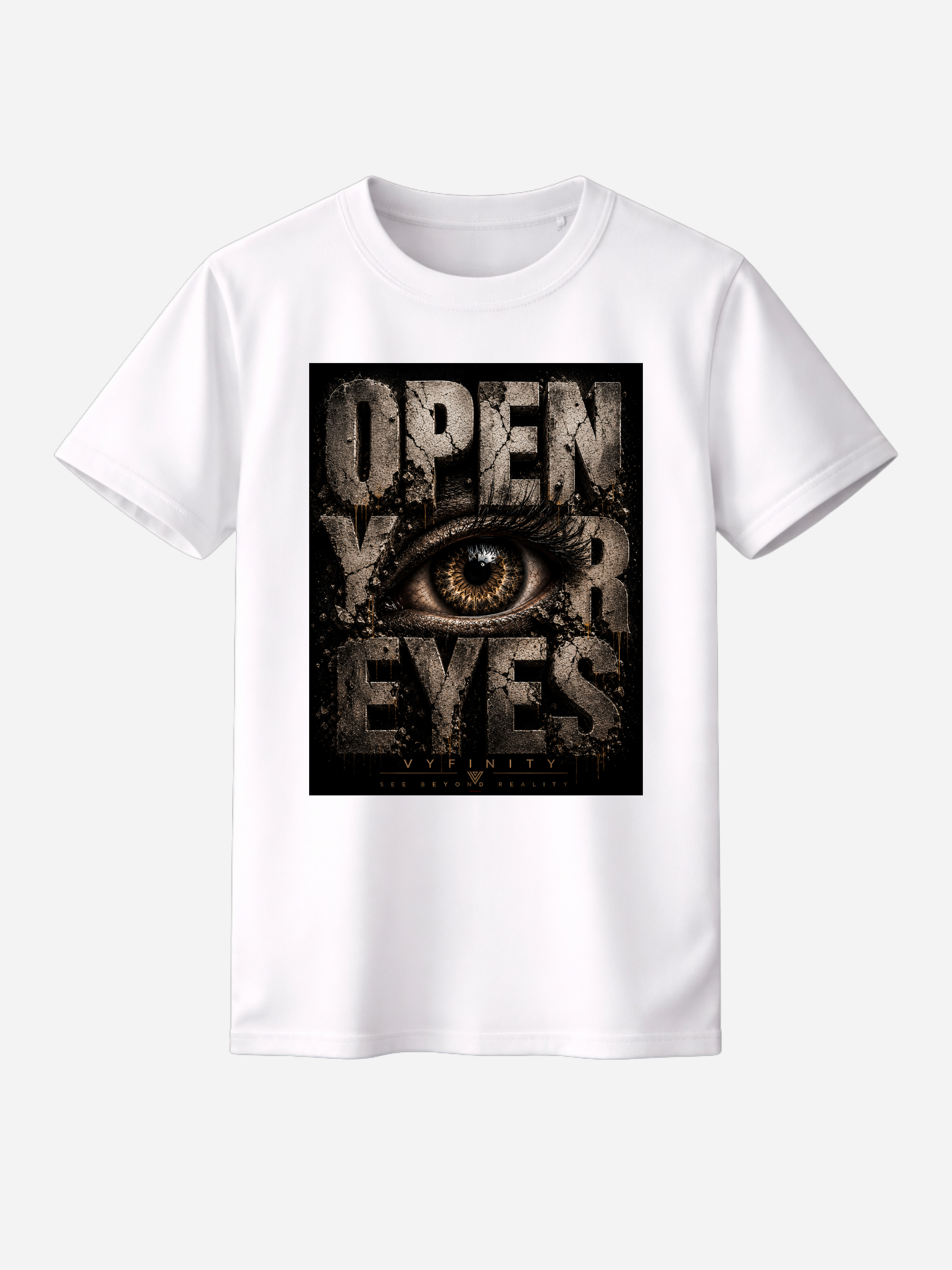 Weißes Unisex Classic Fit T-Shirt mit großem „OPEN YOUR EYES“-Print und realistischem Auge im markanten Grunge-Design. Premium Streetwear von VYFINITY mit urbanem Vintage-Look auf freigestelltem Studiohintergrund.