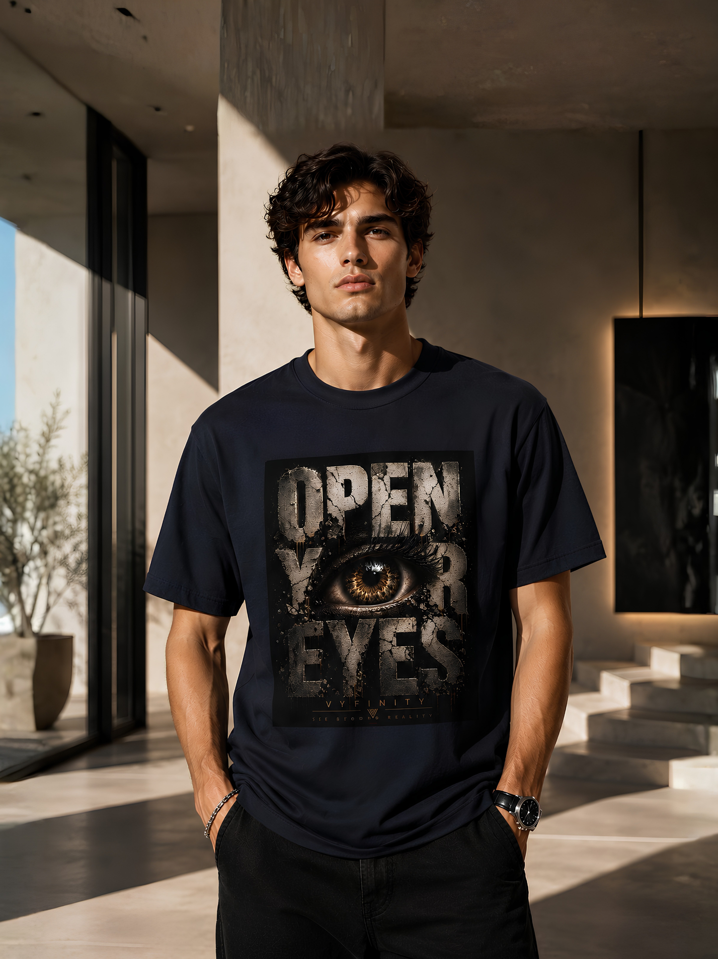 Junger Mann trägt ein dunkelblaues VYFINITY Unisex T-Shirt mit großem „OPEN YOUR EYES“-Print und realistischem Auge im markanten Grunge-Design. Premium Streetwear in modernem Luxushaus mit warmem Sonnenlicht und minimalistischer Architektur.