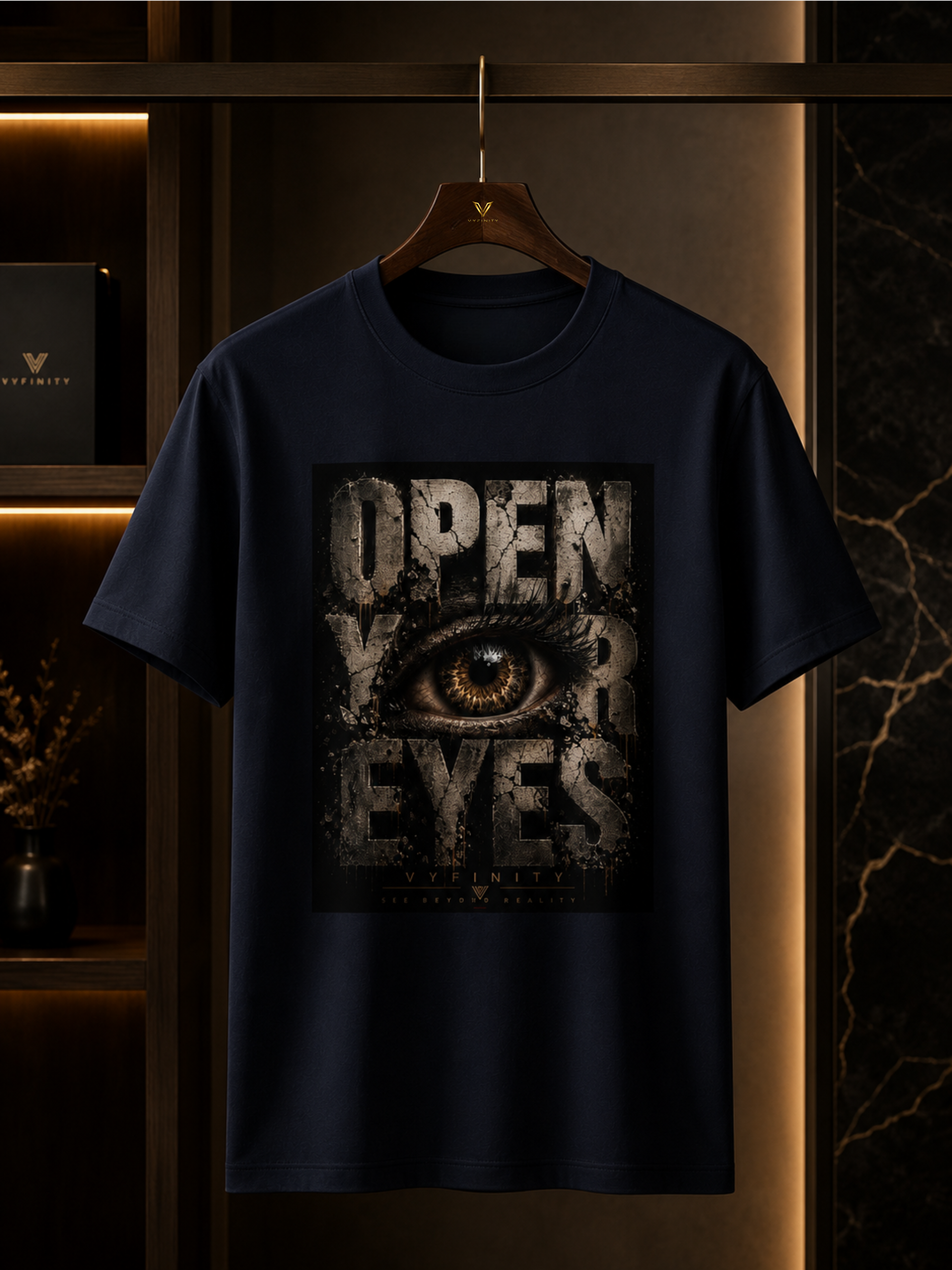 Dunkelblaues VYFINITY Unisex Classic Fit T-Shirt auf edlem dunklen Holzkleiderbügel mit großem „OPEN YOUR EYES“-Print und realistischem Auge im Grunge-Design. Premium Streetwear präsentiert in luxuriösem Boutique-Ambiente mit warmem indirektem Licht.