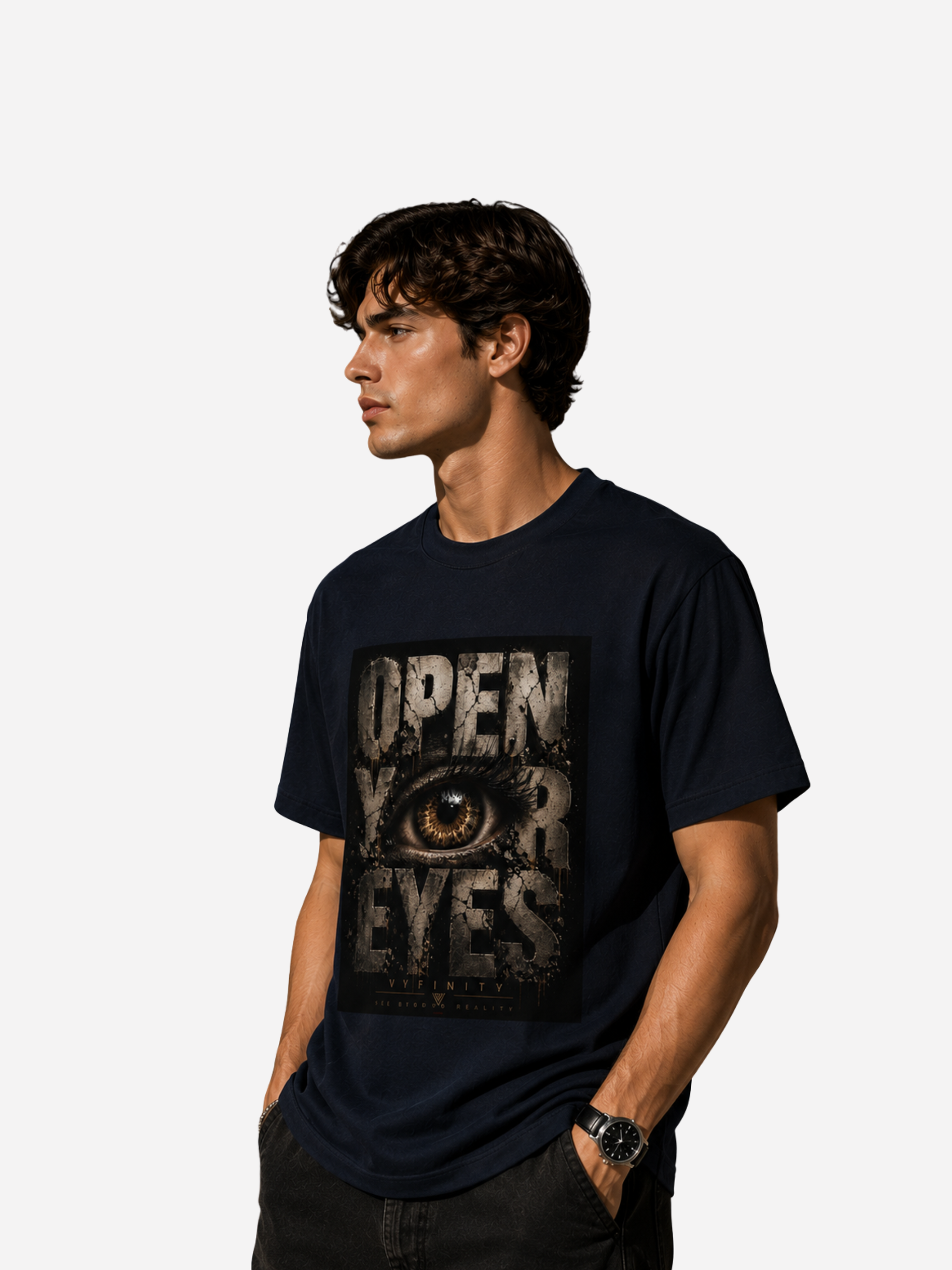 Junger Mann trägt ein dunkelblaues Unisex Classic Fit T-Shirt mit großem „OPEN YOUR EYES“-Print und realistischem Auge im Grunge-Design. Premium Streetwear von VYFINITY in moderner Seitenansicht vor hellem Studiohintergrund.