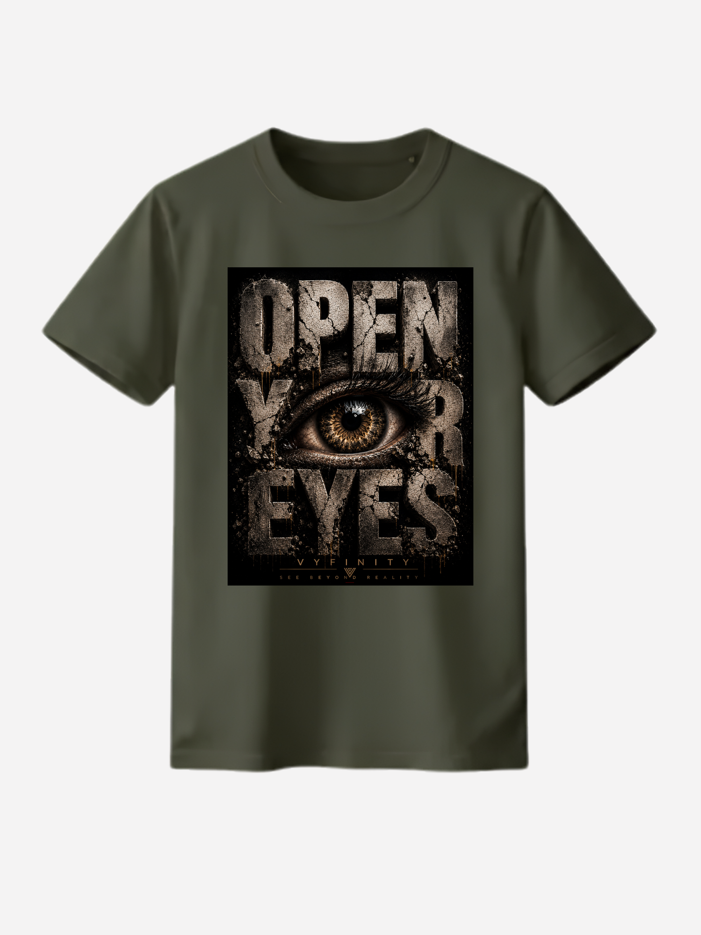 Olivgrünes Unisex Classic Fit T-Shirt mit großem „OPEN YOUR EYES“-Print und realistischem Auge im markanten Grunge-Design. Premium Streetwear von VYFINITY mit urbanem Vintage-Look auf freigestelltem Studiohintergrund.