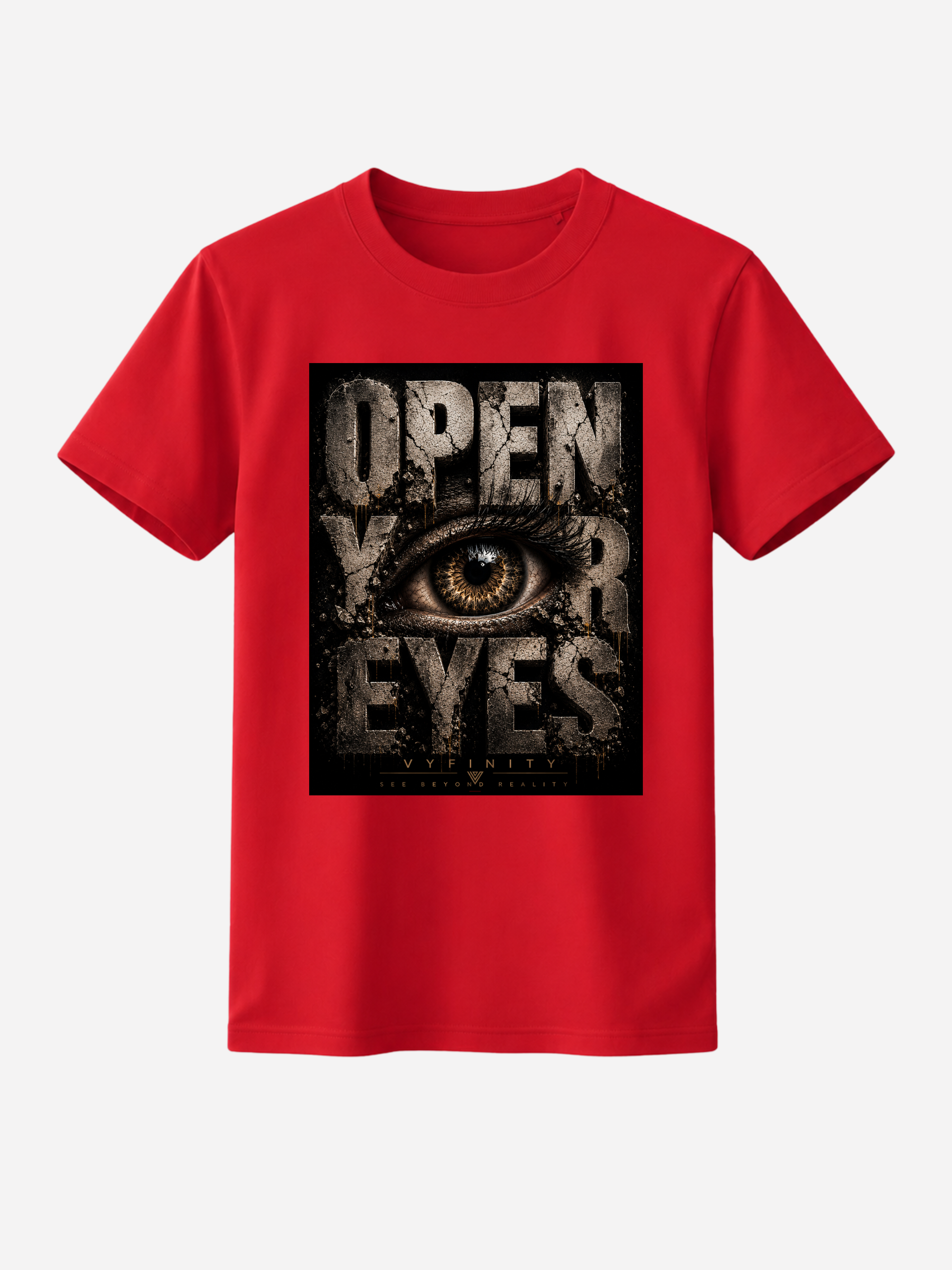 Rotes Unisex Classic Fit T-Shirt mit großem „OPEN YOUR EYES“-Print und realistischem Auge im markanten Grunge-Design. Premium Streetwear von VYFINITY mit urbanem Vintage-Look auf freigestelltem Studiohintergrund.