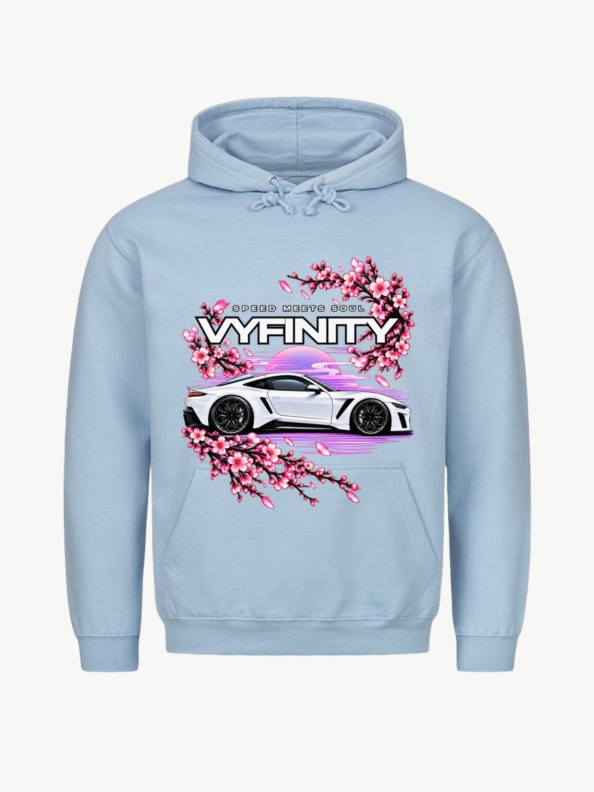 VYFINITY hellblauer Hoodie mit Speed Meets Soul Car Design, weißem Sportwagen und pinken Kirschblüten – Produktansicht von vorne