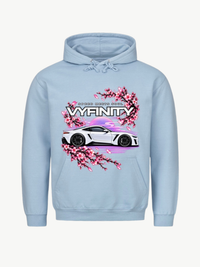 VYFINITY hellblauer Hoodie mit Speed Meets Soul Car Design, weißem Sportwagen und pinken Kirschblüten – Produktansicht von vorne